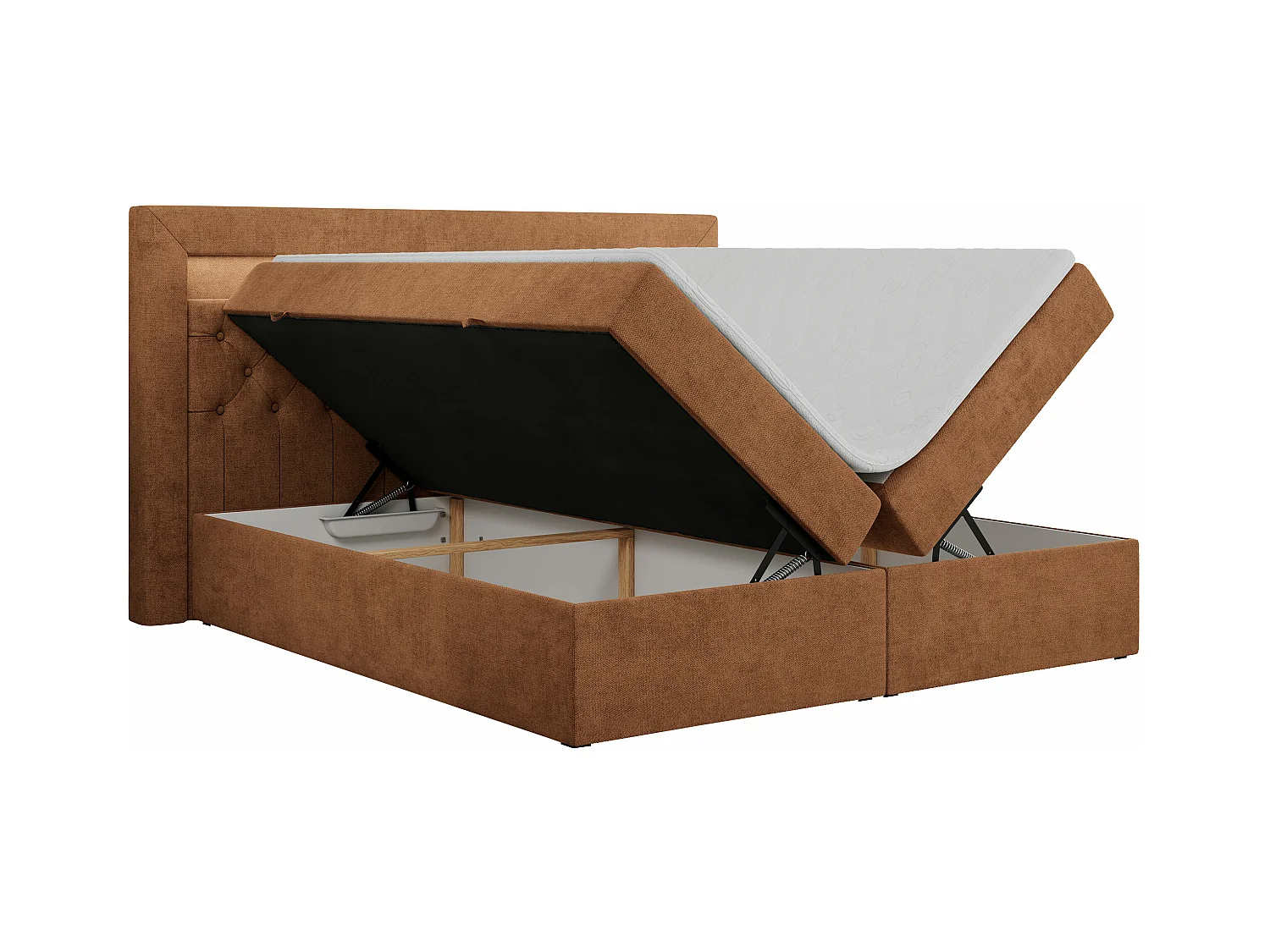 Boxspringbett GOLD 6, Doppelbett mit Stauraum, LED-Beleuchtung, gesteppte Kopfstütze - 140x200 cm - H4 - Orange Strukture