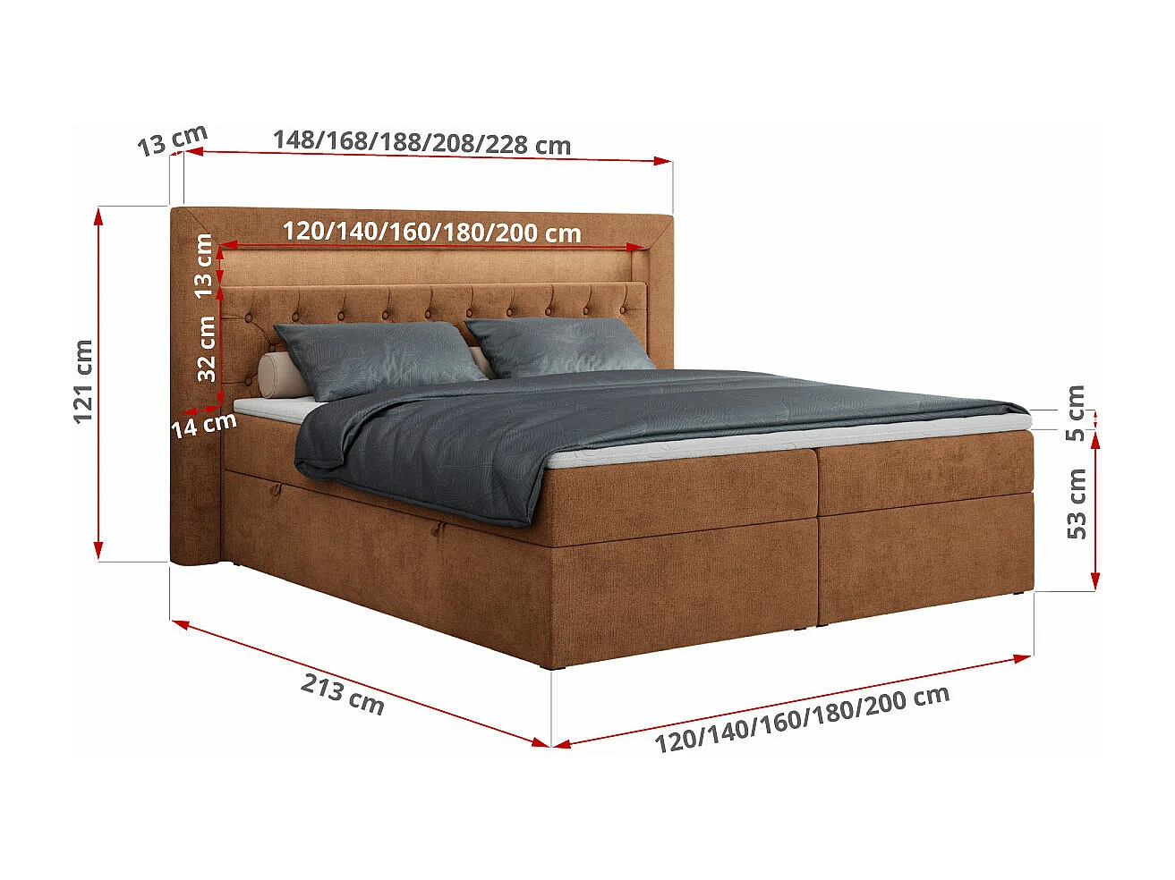 Boxspringbett GOLD 6, Doppelbett mit Stauraum, LED-Beleuchtung, gesteppte Kopfstütze - 140x200 cm - H4 - Orange Strukture