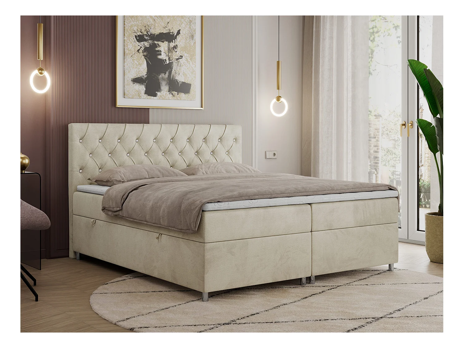 Boxspringbett ROMA mit gestepptem Kopfteil, Multipocket-Matratze, dekorative Füße - 180x200 cm - H4 - Beige Velvet