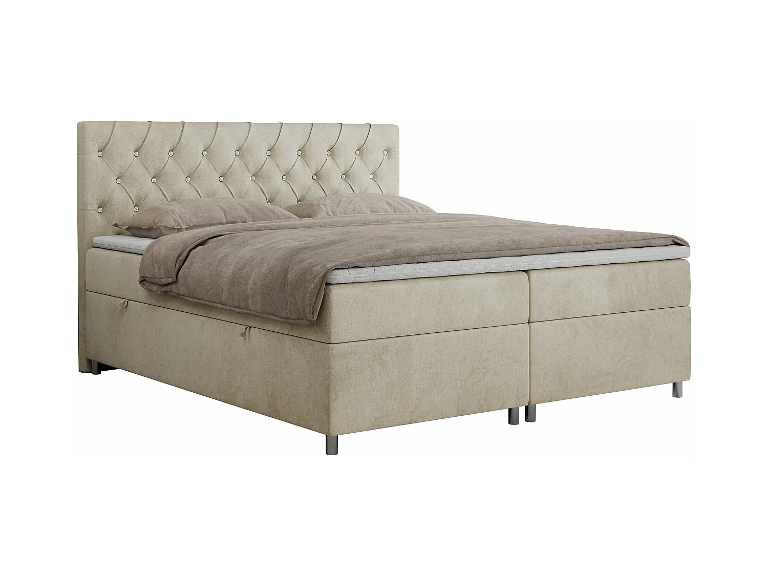 Boxspringbett ROMA mit gestepptem Kopfteil, Multipocket-Matratze, dekorative Füße - 180x200 cm - H4 - Beige Velvet