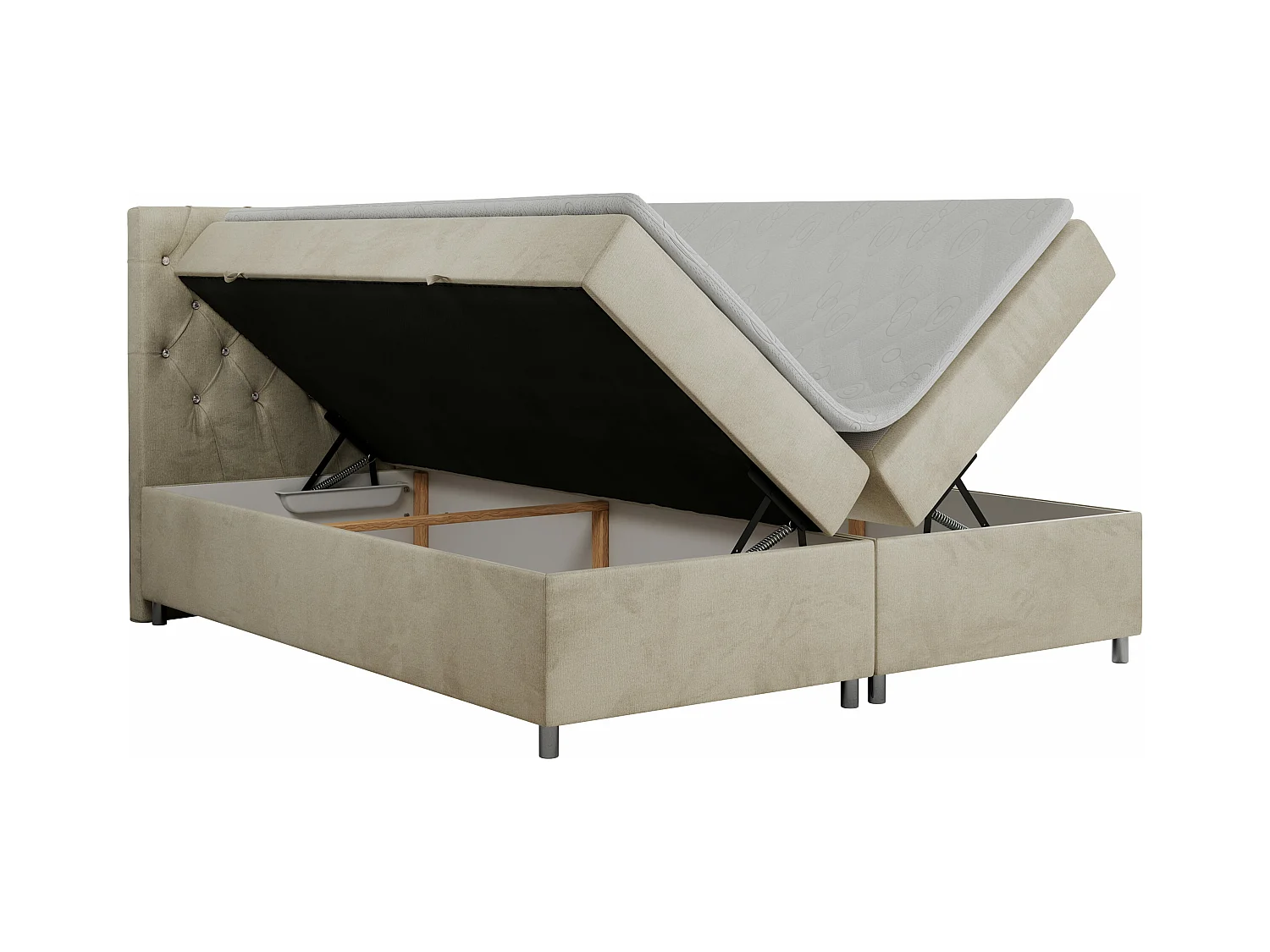 Boxspringbett ROMA mit gestepptem Kopfteil, Multipocket-Matratze, dekorative Füße - 180x200 cm - H4 - Beige Velvet