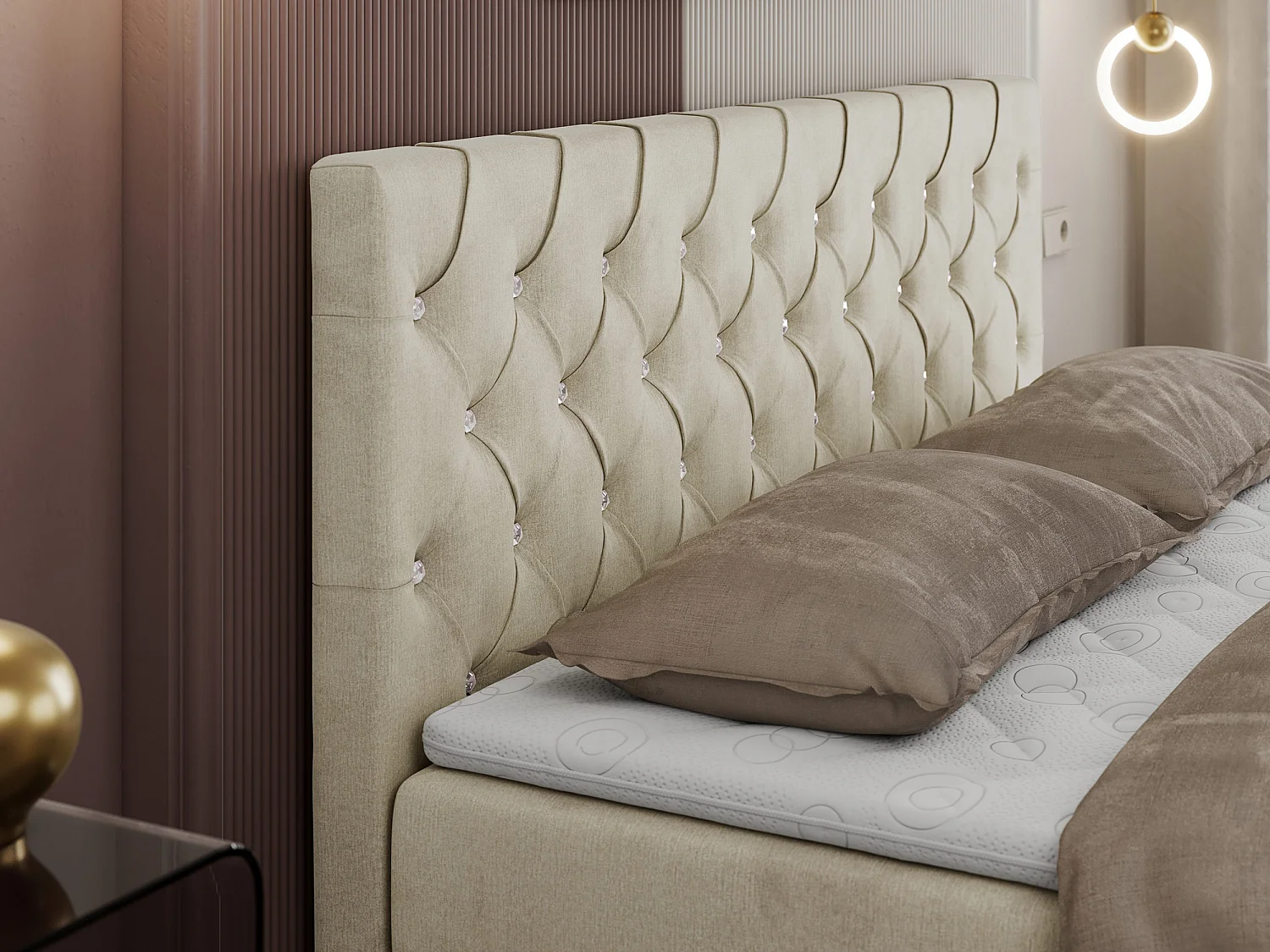 Boxspringbett ROMA mit gestepptem Kopfteil, Multipocket-Matratze, dekorative Füße - 180x200 cm - H4 - Beige Velvet