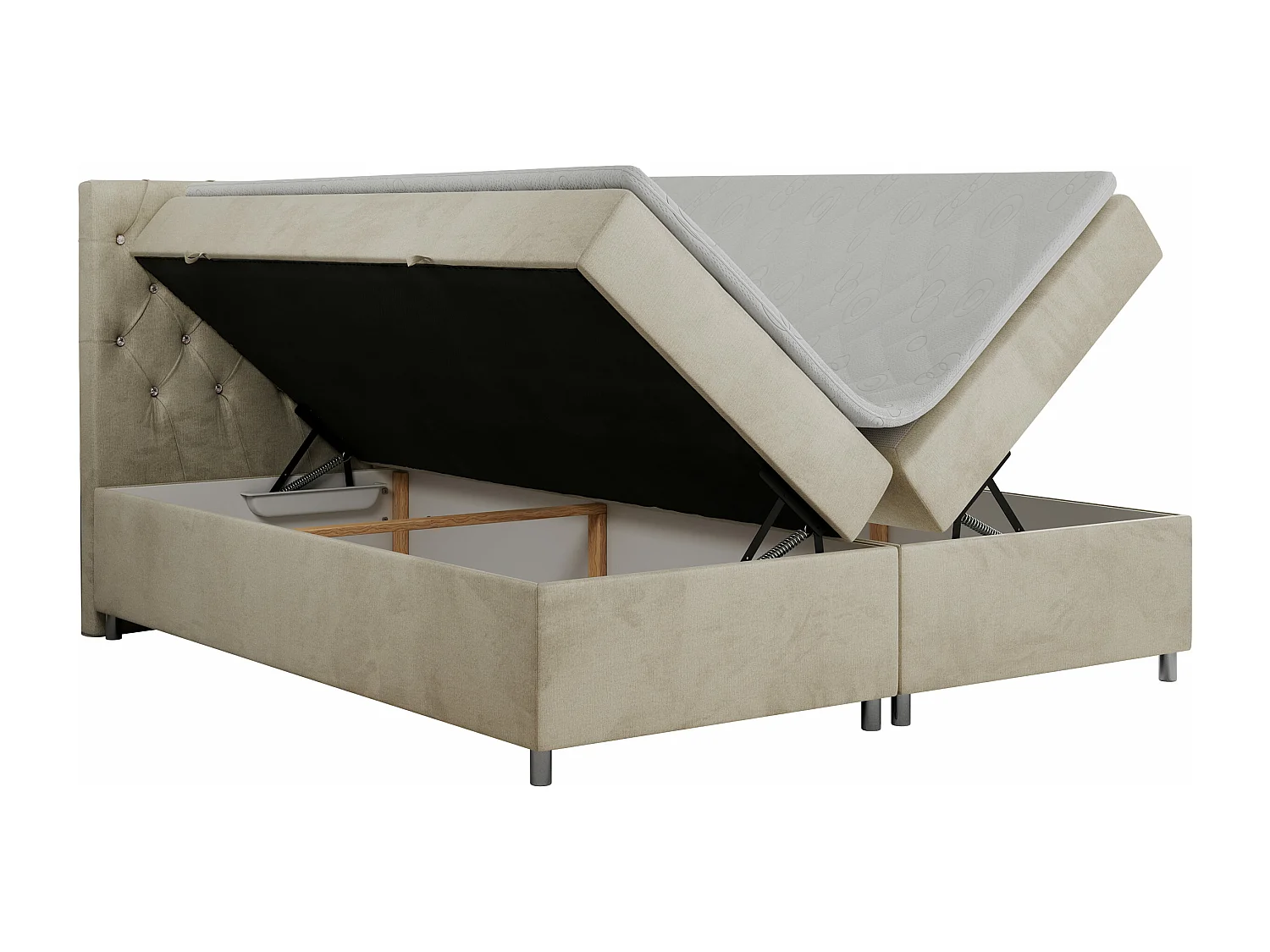 Boxspringbett ROMA mit gestepptem Kopfteil, Multipocket-Matratze, dekorative Füße - 180x200 cm - H4 - Beige Velvet