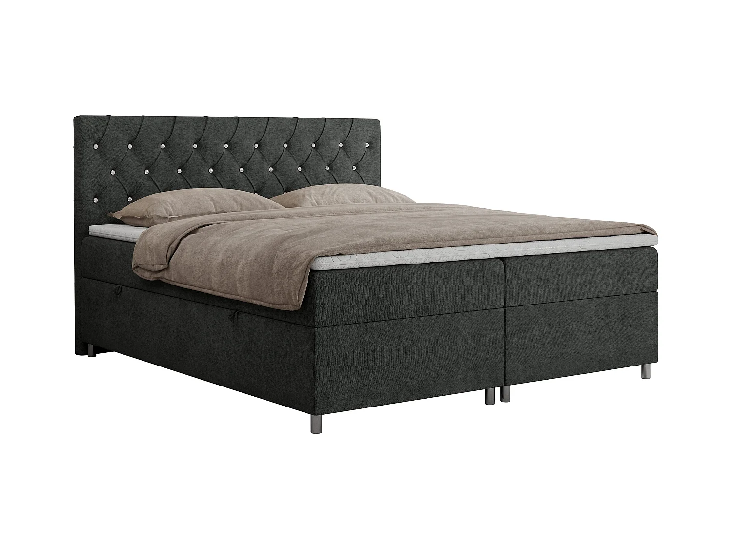 Boxspringbett ROMA mit gestepptem Kopfteil, Multipocket-Matratze, dekorative Füße - 140x200 cm - H3 - Hellgrau Strukture