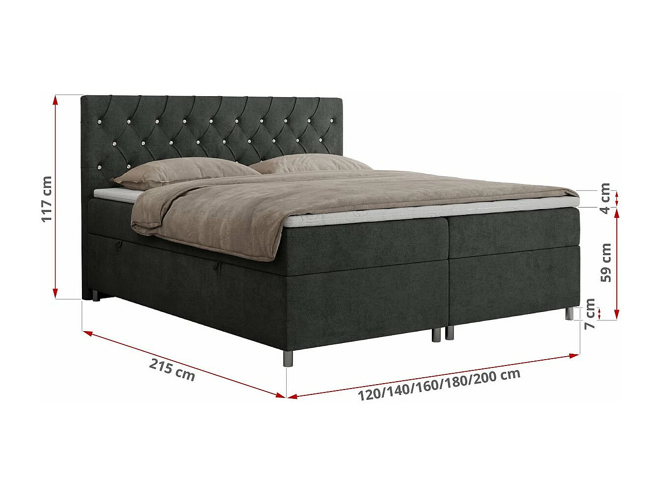 Boxspringbett ROMA mit gestepptem Kopfteil, Multipocket-Matratze, dekorative Füße - 140x200 cm - H3 - Hellgrau Strukture