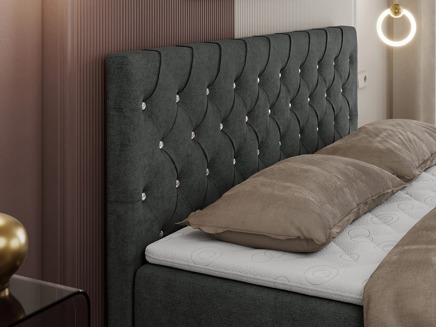 Boxspringbett ROMA mit gestepptem Kopfteil, Multipocket-Matratze, dekorative Füße - 140x200 cm - H3 - Hellgrau Strukture