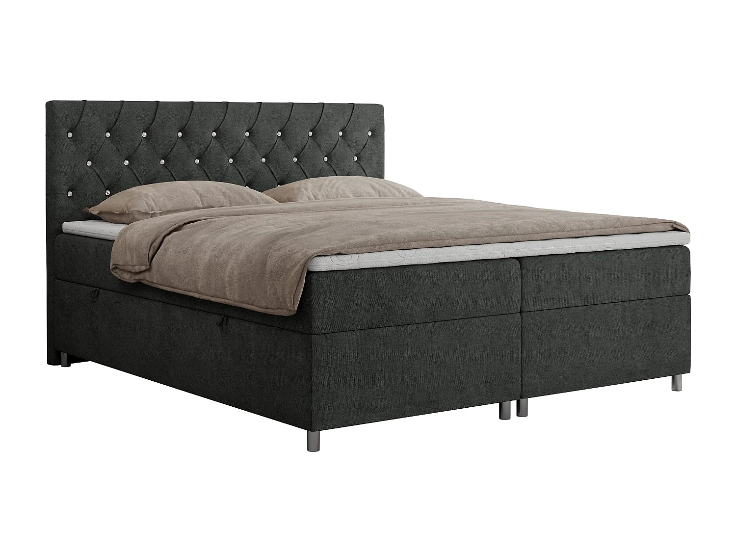 Boxspringbett ROMA mit gestepptem Kopfteil, Multipocket-Matratze, dekorative Füße - 140x200 cm - H3 - Hellgrau Strukture