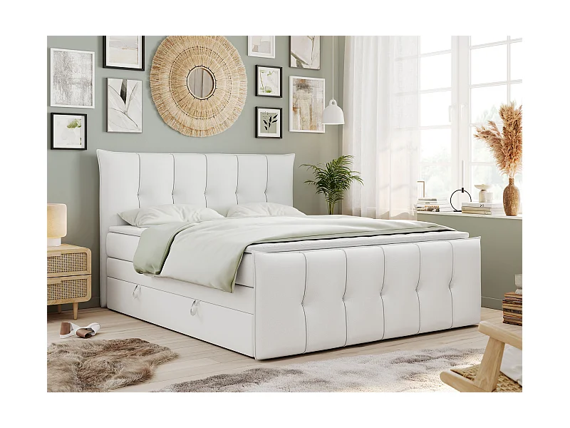 Boxspringbett PREMIUM 11 KING mit Stauraum, gestepptes Kopfteil, zwei Multipocket-Matratzen - 160x200 cm - H4 - Weiß Kunstleder