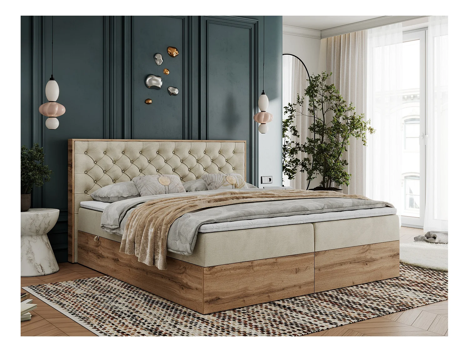 Boxspringbett ALBERO 3 - gesteppte Kopfstütze, Eiche Wotan Holzrahmen, Stauraum - 180x200 cm - H4 - Beige Velvet