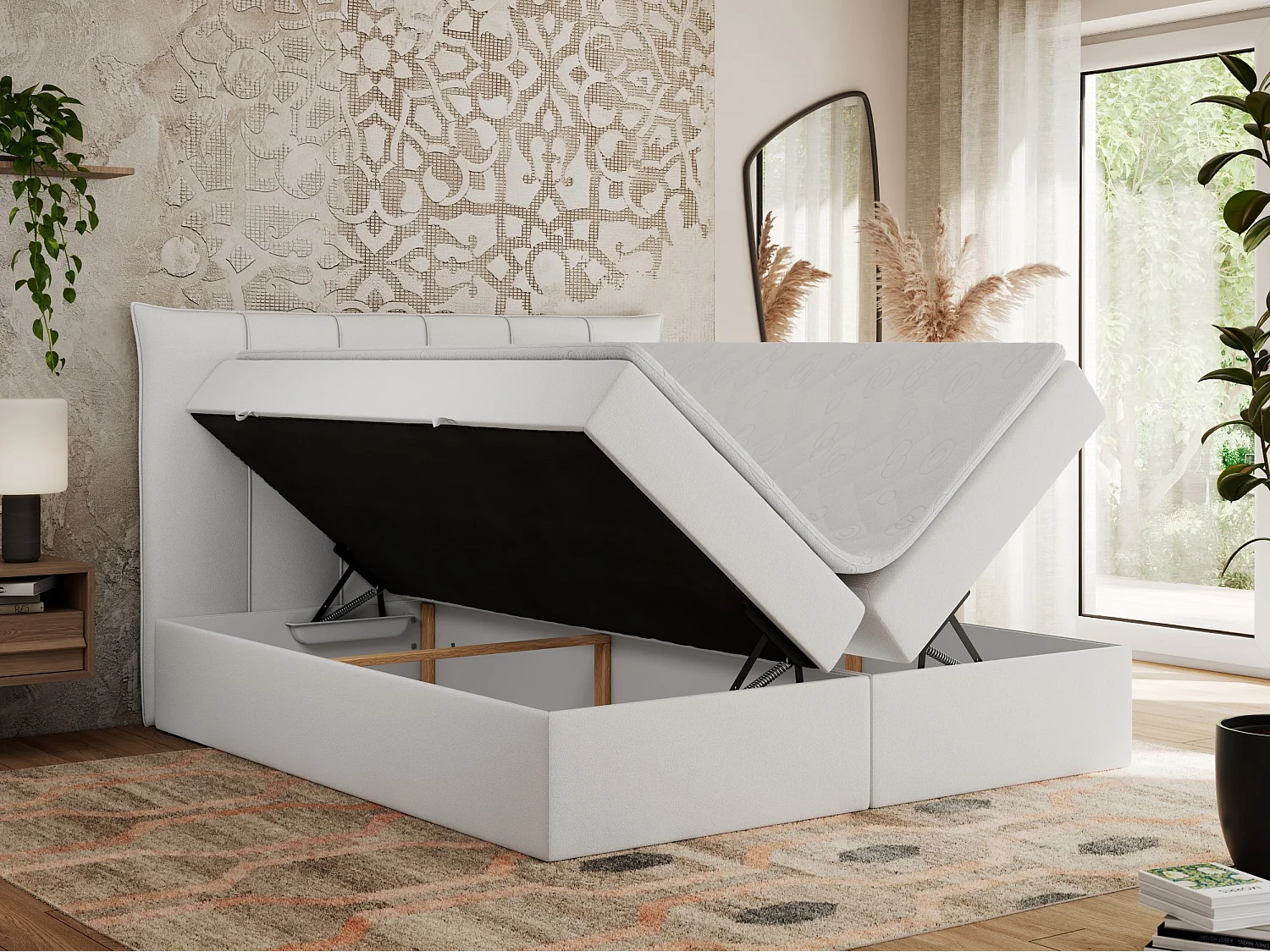 Boxspringbett PREMIUM 10 mit Multipocket-Matratze, gesteppte Kopfstütze, zwei Bettkästen - 180x200 cm - H4 - Weiß Kunstleder