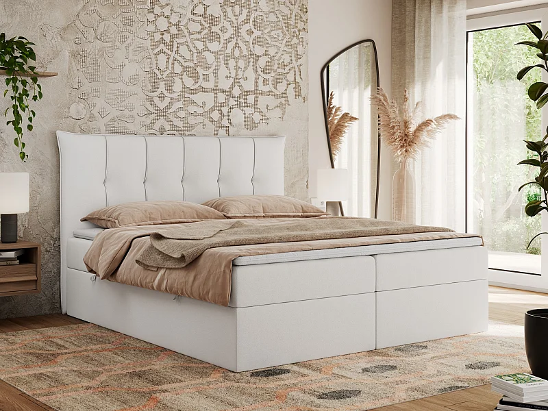 Boxspringbett PREMIUM 10 mit Multipocket-Matratze, gesteppte Kopfstütze, zwei Bettkästen - 180x200 cm - H4 - Weiß Kunstleder
