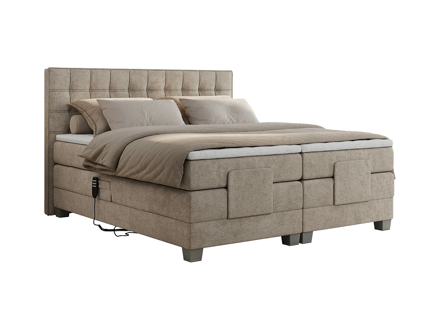 Boxspringbett ELEKTRO mit Multipocket-Matratze, Elektrisch verstellbare, genähtes Kopfteil - 180x200 cm - H3 - Beige Strukture