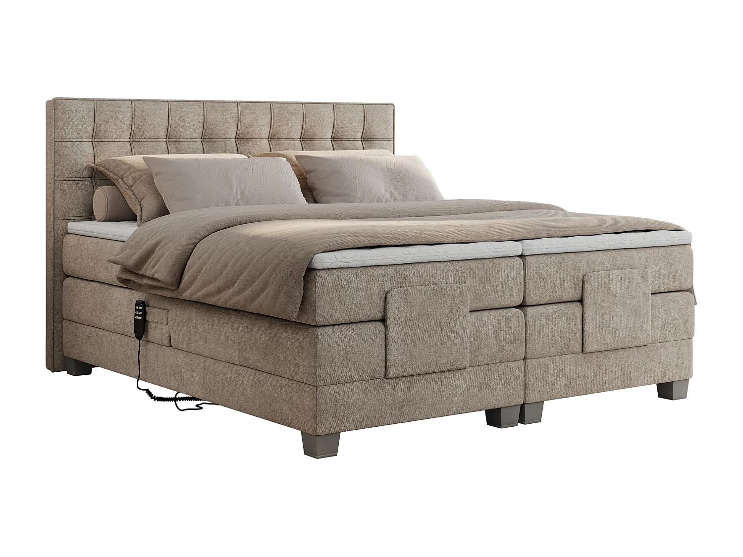 Boxspringbett ELEKTRO mit Multipocket-Matratze, Elektrisch verstellbare, genähtes Kopfteil - 180x200 cm - H3 - Beige Strukture