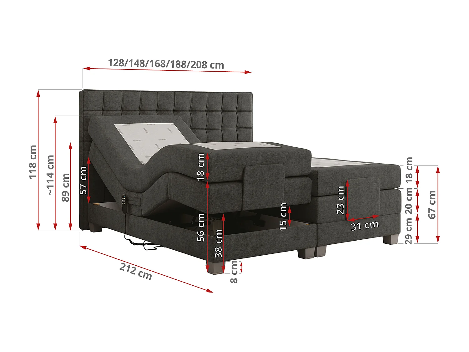 Boxspringbett ELEKTRO mit Multipocket-Matratze, Elektrisch verstellbare, genähtes Kopfteil - 180x200 cm - H3 - Beige Strukture