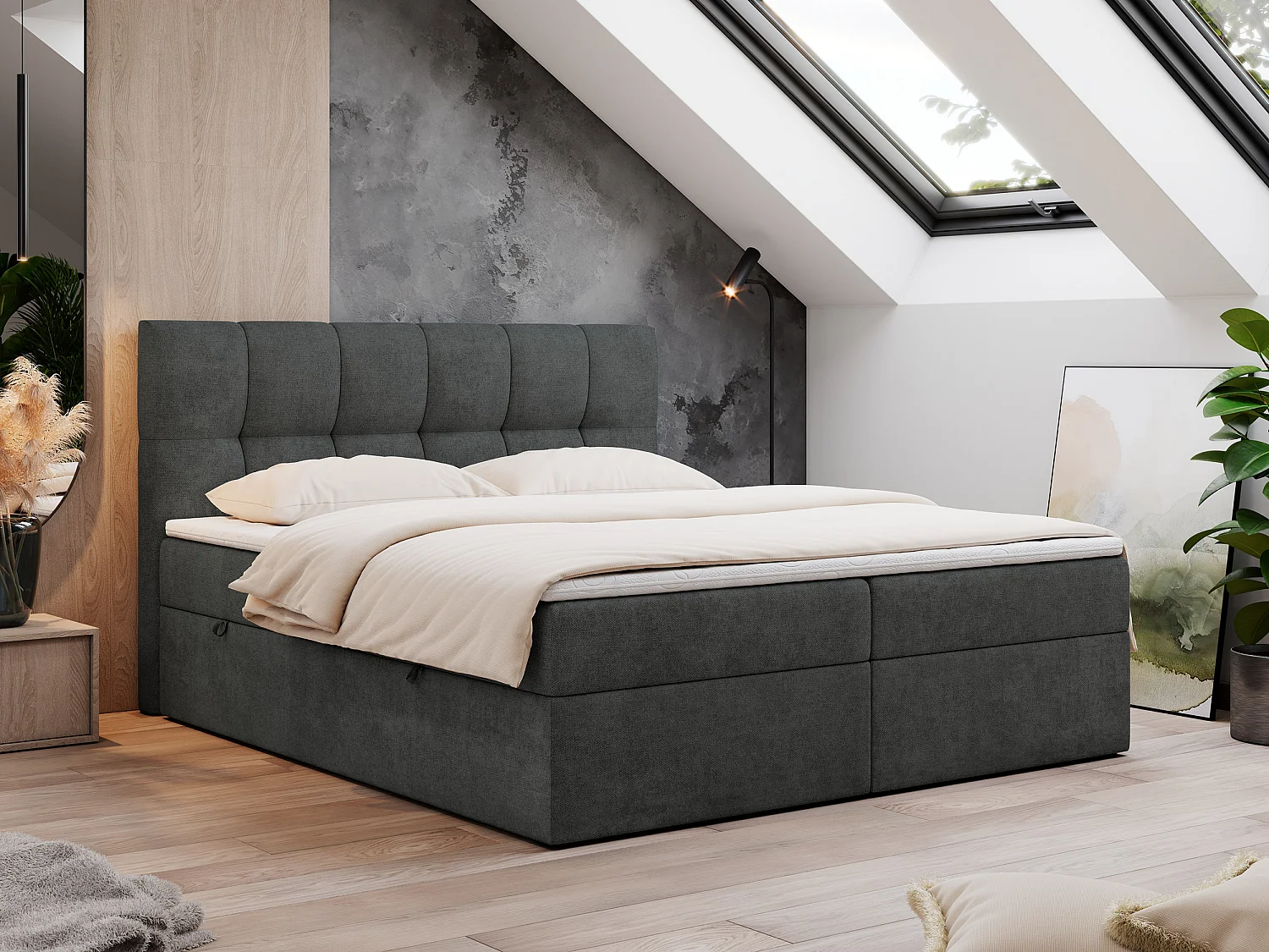 Boxspringbett RICO, Doppelbett mit Matratze, zwei Bettkästen, Bett mit Kopfteil - 200x200 cm - H4 - Dunkelgrau Stukture