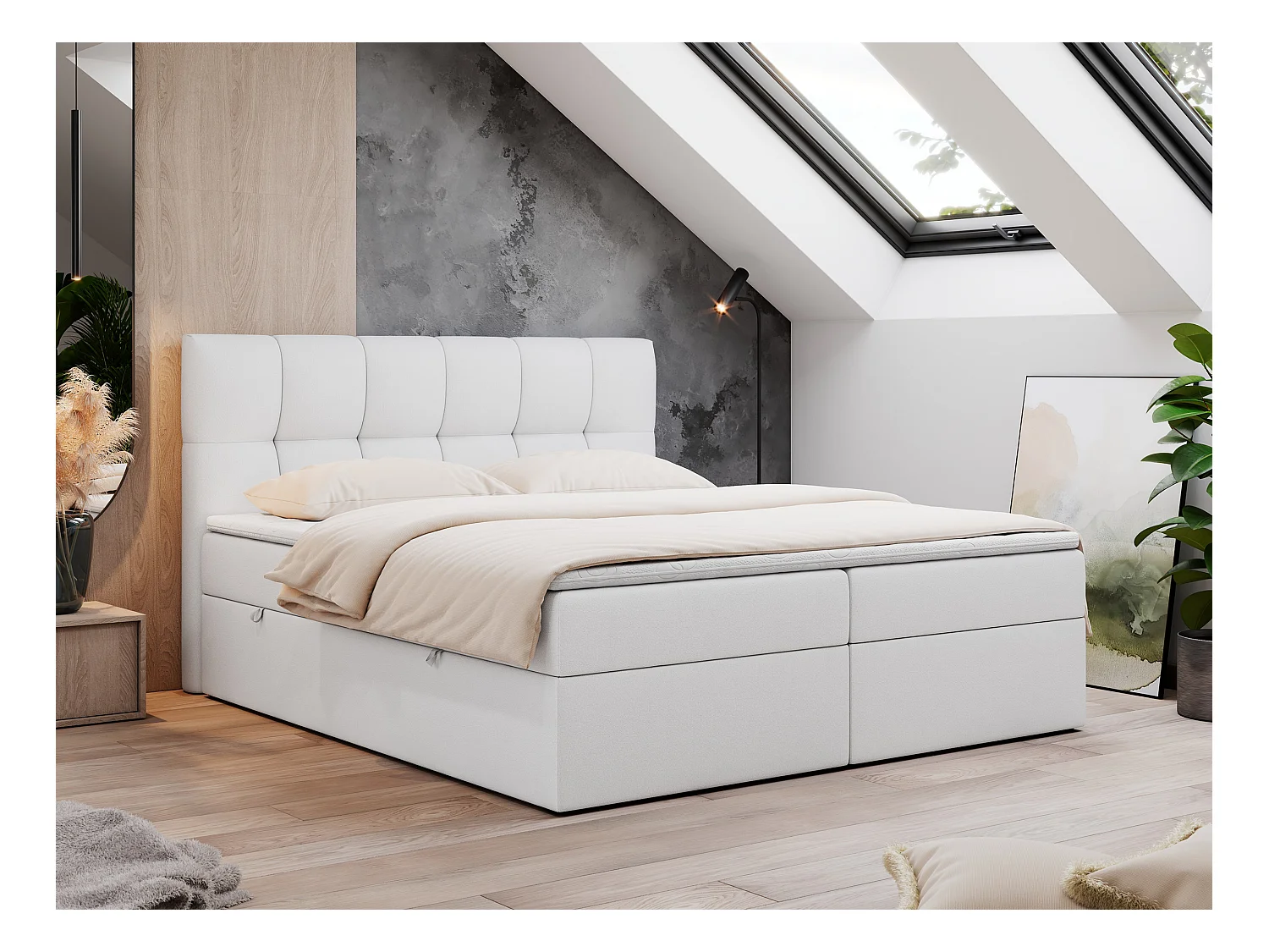 Boxspringbett RICO, Doppelbett mit Matratze, zwei Bettkästen, Bett mit Kopfteil - 120x200 cm - H3 - Weiß Kunstleder
