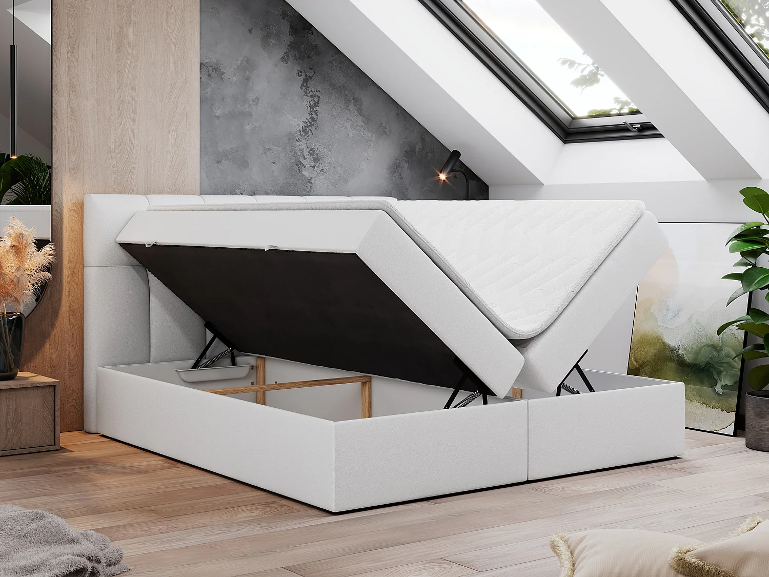 Boxspringbett RICO, Doppelbett mit Matratze, zwei Bettkästen, Bett mit Kopfteil - 120x200 cm - H3 - Weiß Kunstleder