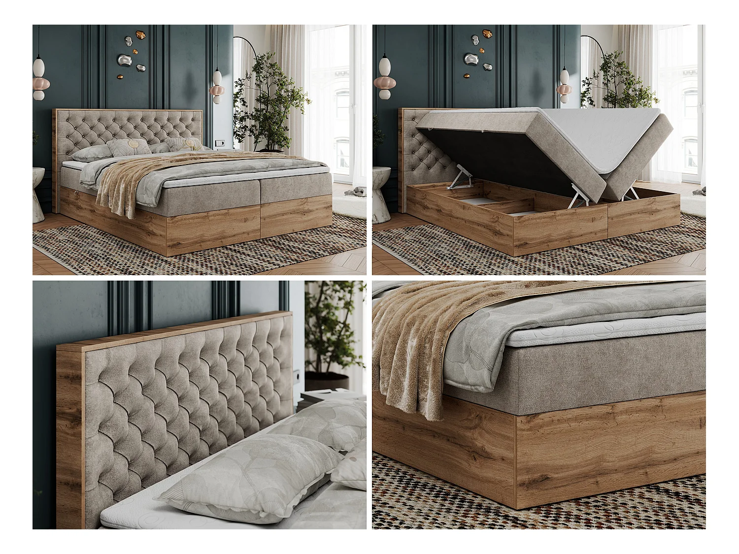 Boxspringbett ALBERO 3 - gesteppte Kopfstütze, Eiche Wotan Holzrahmen, Stauraum - 140x200 cm - H4 - Beige Strukture