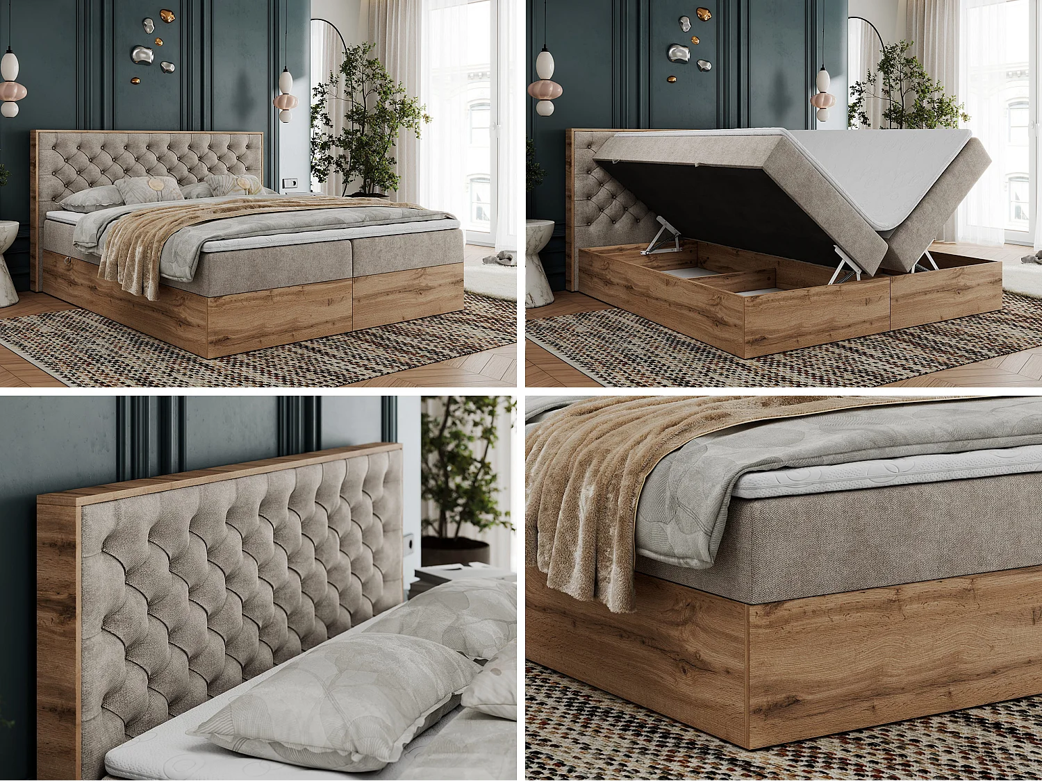 Boxspringbett ALBERO 3 - gesteppte Kopfstütze, Eiche Wotan Holzrahmen, Stauraum - 140x200 cm - H4 - Beige Strukture