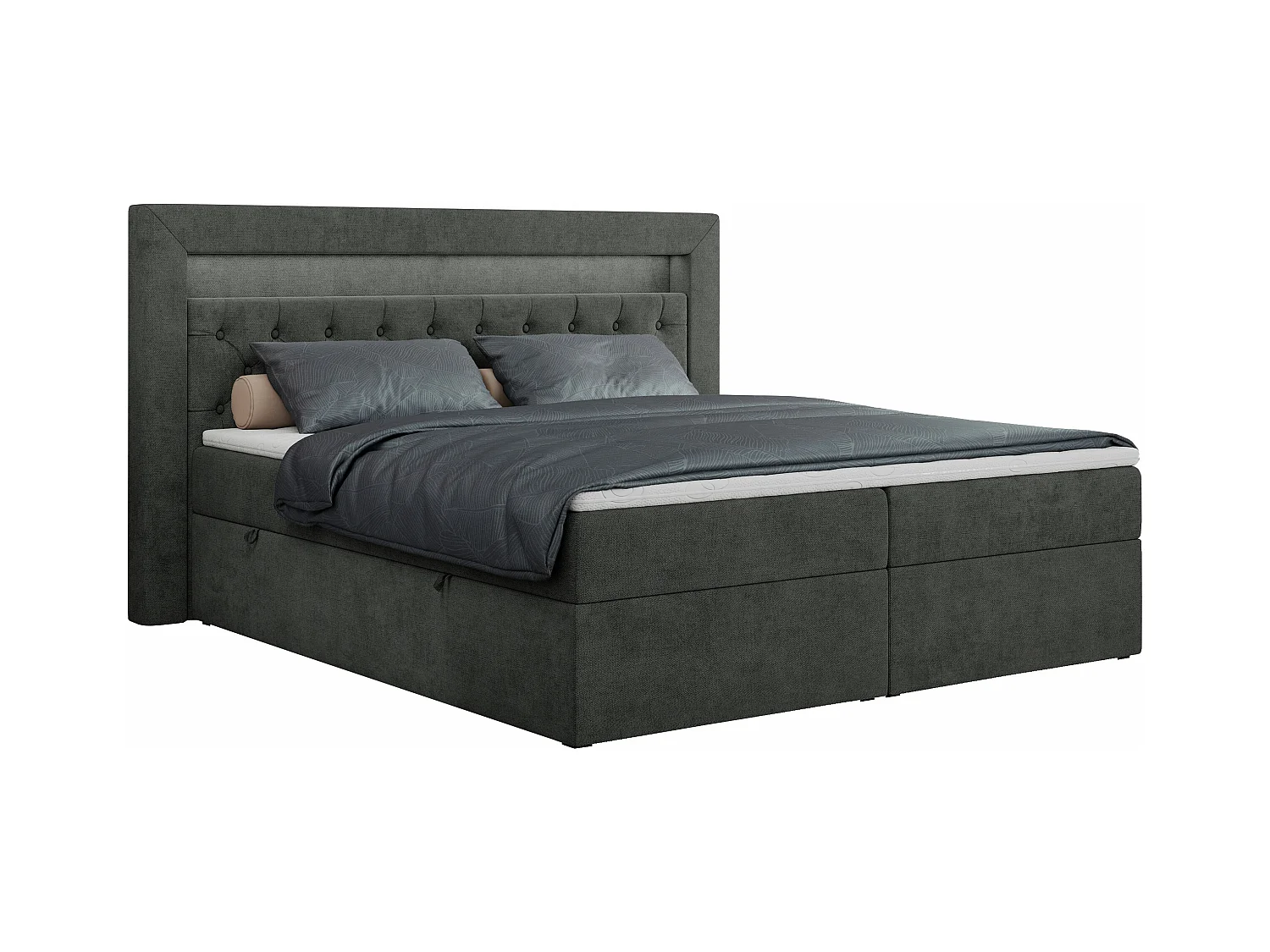 Boxspringbett GOLD 6, Doppelbett mit Stauraum, LED-Beleuchtung, gesteppte Kopfstütze - 200x200 cm - H3 - Dunkelgrau Strukture