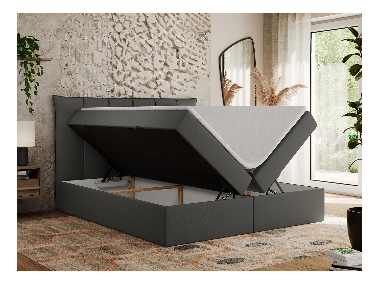 Boxspringbett PREMIUM 10 mit Multipocket-Matratze, gesteppte Kopfstütze, zwei Bettkästen - 140x200 cm - H4 - Dunkelgrau Kunstleder