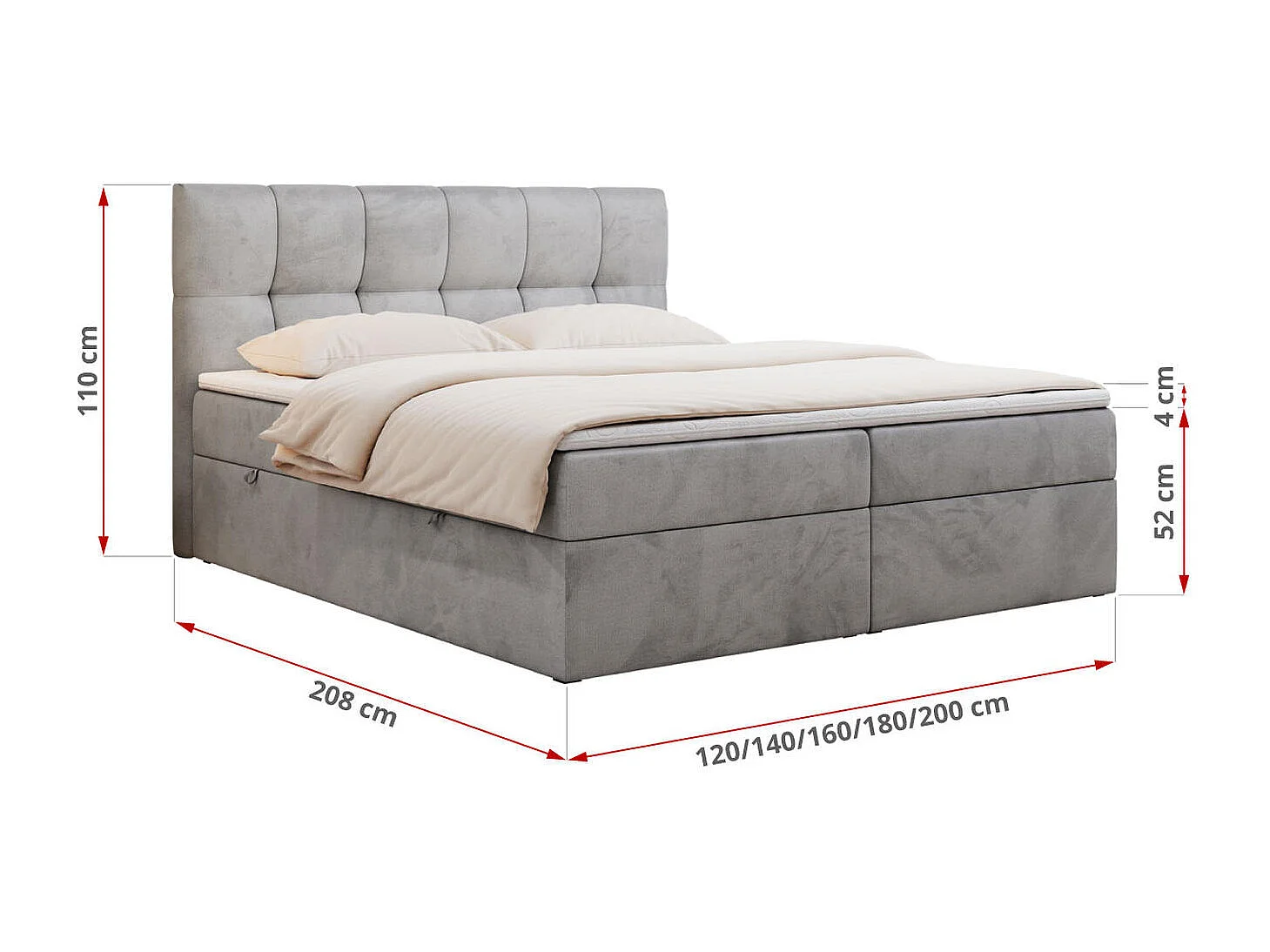 Boxspringbett RICO, Doppelbett mit Matratze, zwei Bettkästen, Bett mit Kopfteil - 120x200 cm - H3 - Hellgrau Velvet