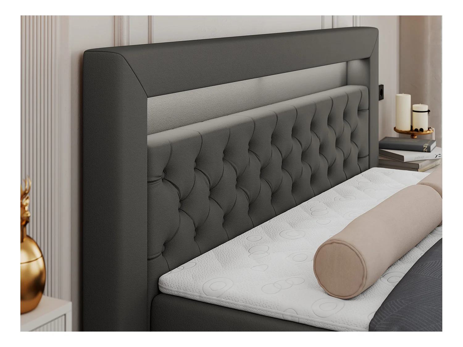 Boxspringbett GOLD 6, Doppelbett mit Stauraum, LED-Beleuchtung, gesteppte Kopfstütze - 180x200 cm - H4 - Dunkelgrau Kunstleder