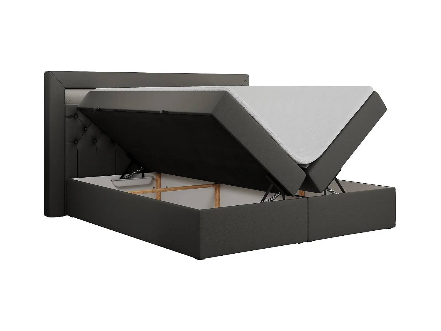 Boxspringbett GOLD 6, Doppelbett mit Stauraum, LED-Beleuchtung, gesteppte Kopfstütze - 180x200 cm - H4 - Dunkelgrau Kunstleder