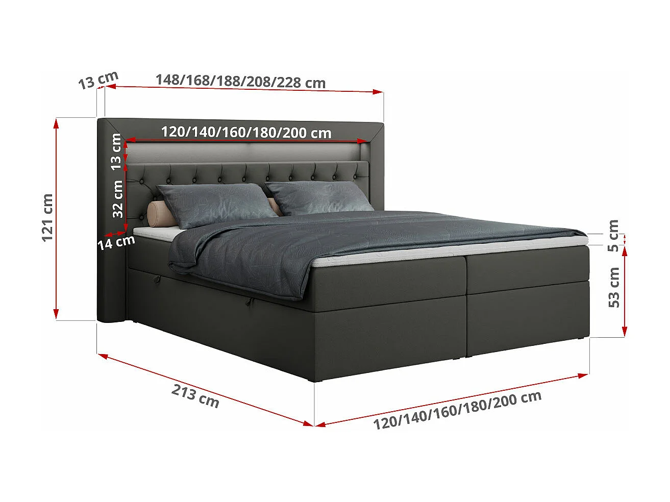 Boxspringbett GOLD 6, Doppelbett mit Stauraum, LED-Beleuchtung, gesteppte Kopfstütze - 180x200 cm - H4 - Dunkelgrau Kunstleder