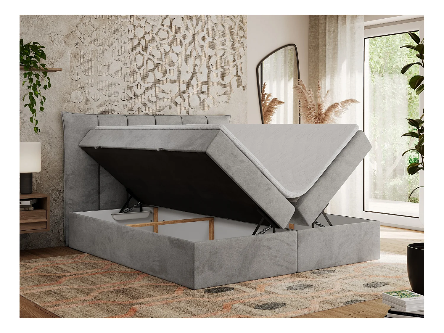 Boxspringbett PREMIUM 10 mit Multipocket-Matratze, gesteppte Kopfstütze, zwei Bettkästen - 120x200 cm - H3 - Hellgrau Velvet