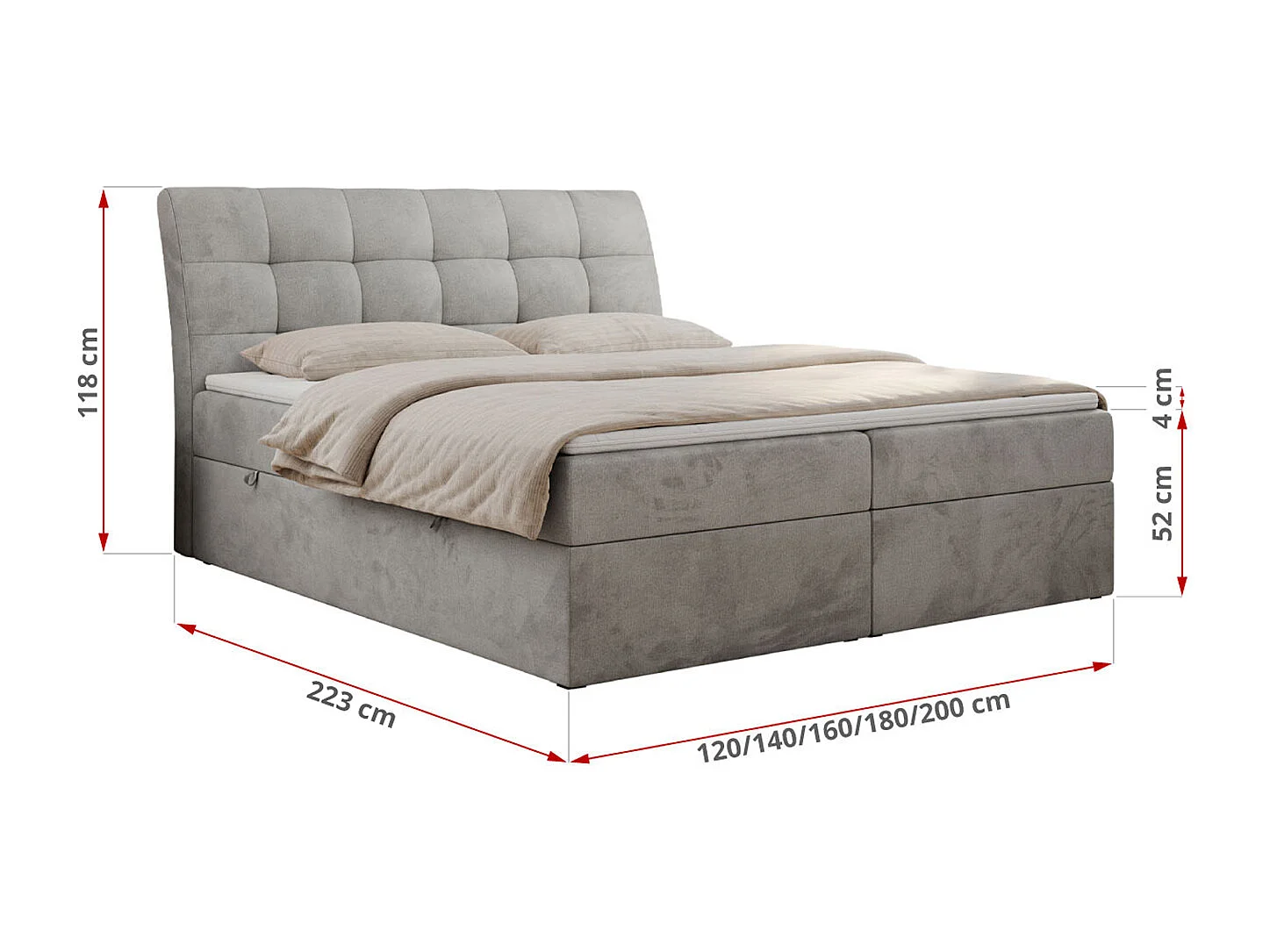 Boxspringbett DIEGOS mit Stauraum, gestepptem Kopfteil, Multipocket-Matratze - 180x200 cm - H4 - Hellgrau Velvet