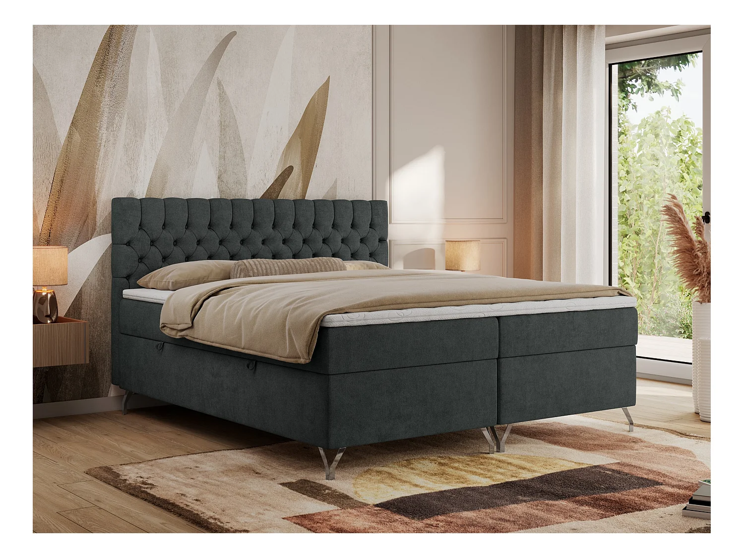 Boxspringbett GRIMALDI mit zwei Bettkästen, gesteppter Kopfstütze, Metallfüßen - 180x200 cm - H3 - Dunkelgrau Strukture