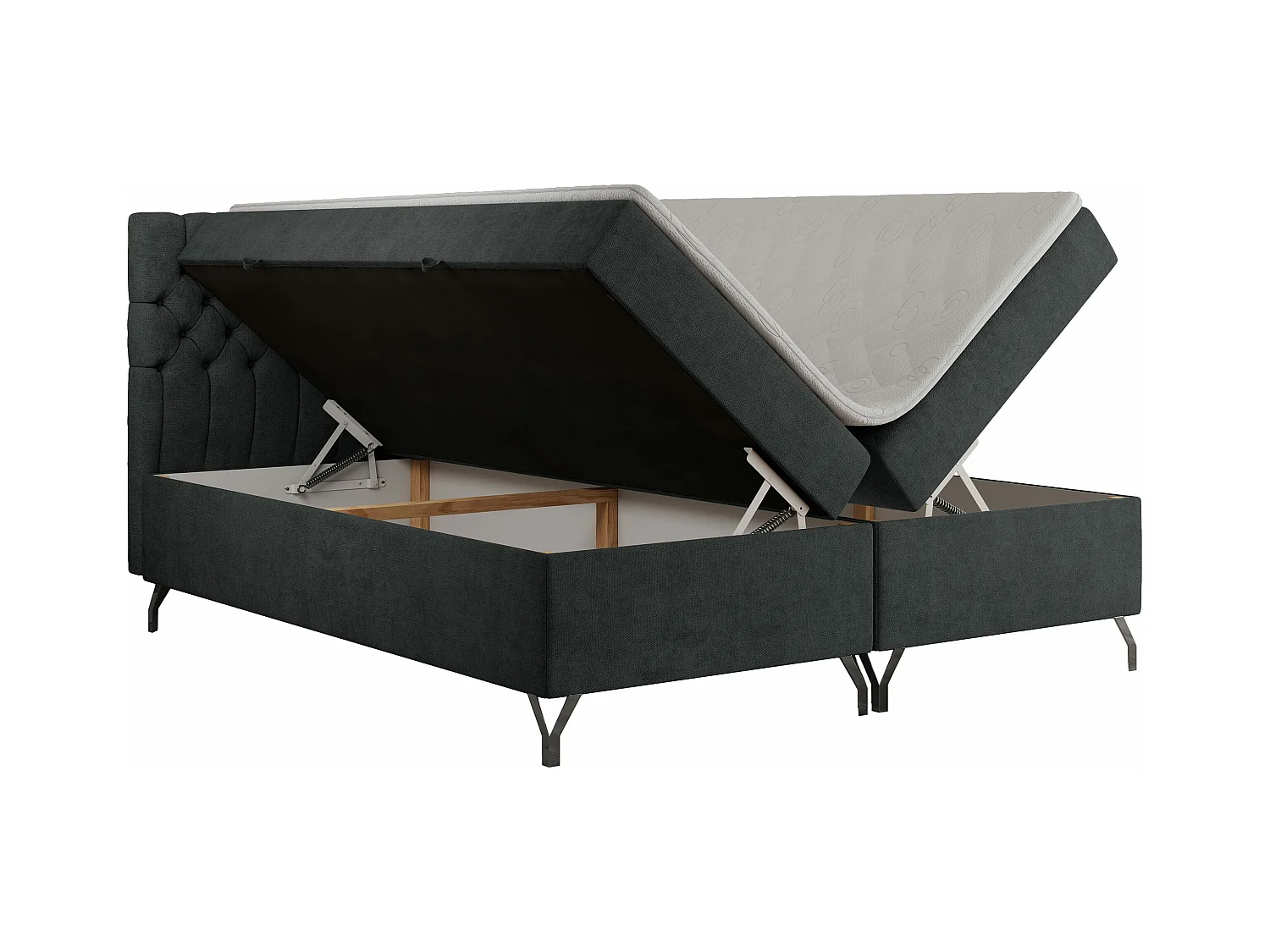 Boxspringbett GRIMALDI mit zwei Bettkästen, gesteppter Kopfstütze, Metallfüßen - 180x200 cm - H3 - Dunkelgrau Strukture