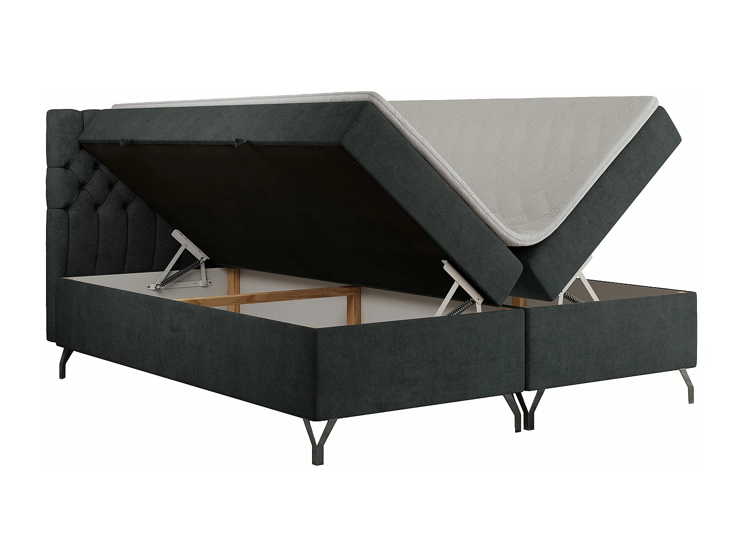 Boxspringbett GRIMALDI mit zwei Bettkästen, gesteppter Kopfstütze, Metallfüßen - 180x200 cm - H3 - Dunkelgrau Strukture