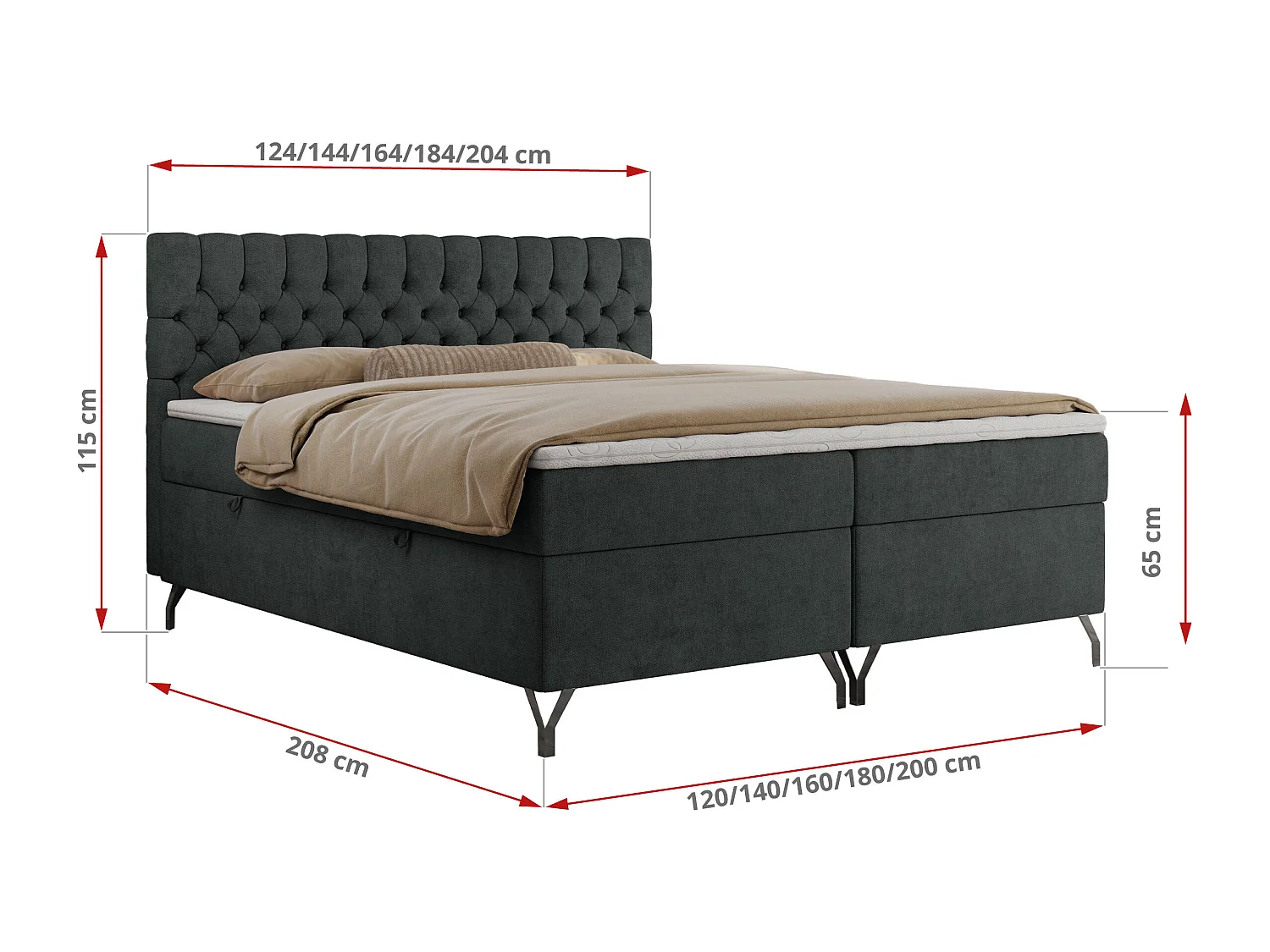 Boxspringbett GRIMALDI mit zwei Bettkästen, gesteppter Kopfstütze, Metallfüßen - 180x200 cm - H3 - Dunkelgrau Strukture
