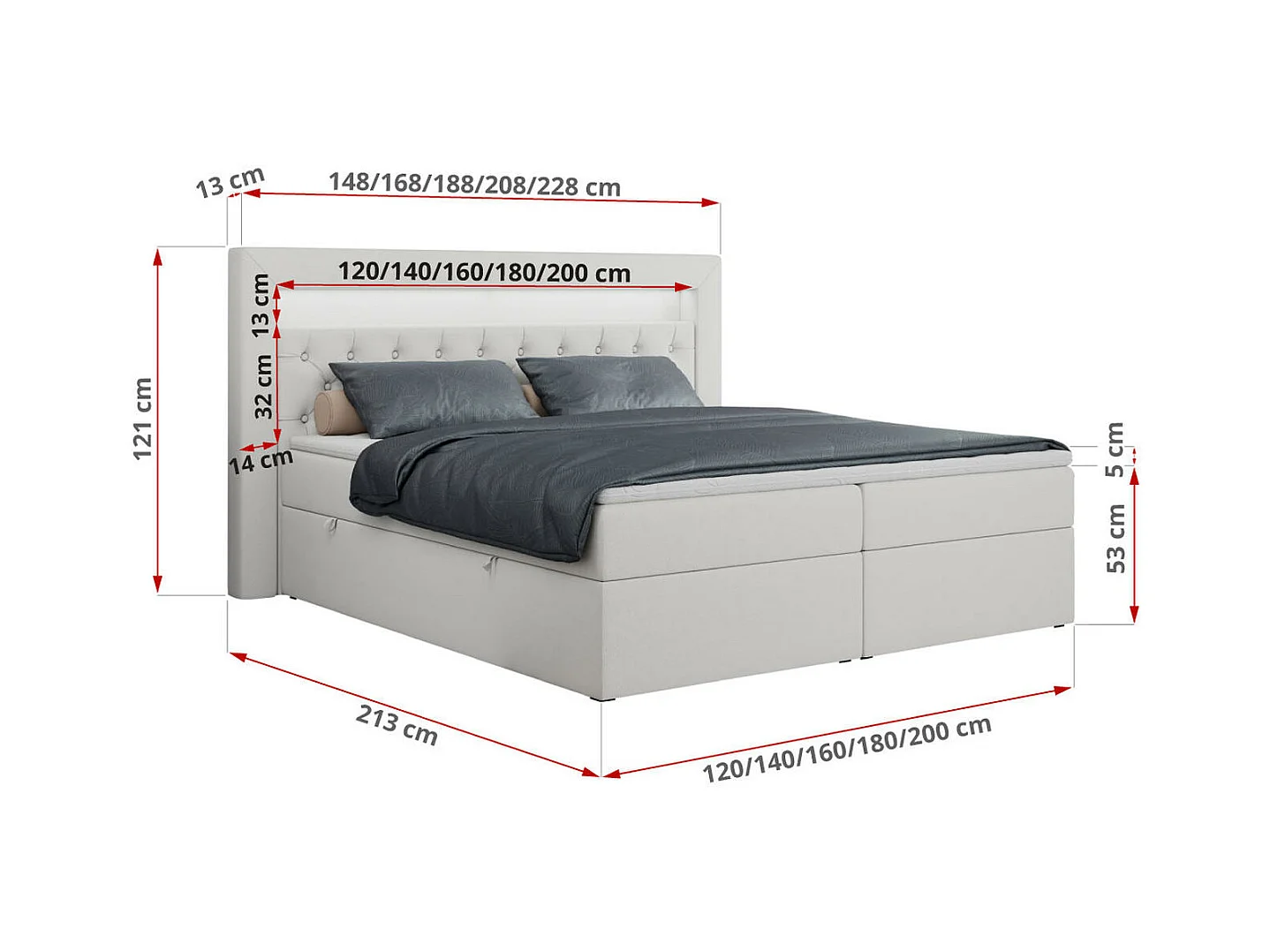 Boxspringbett GOLD 6, Doppelbett mit Stauraum, LED-Beleuchtung, gesteppte Kopfstütze - 120x200 cm - H3 - Weiß Kunstleder
