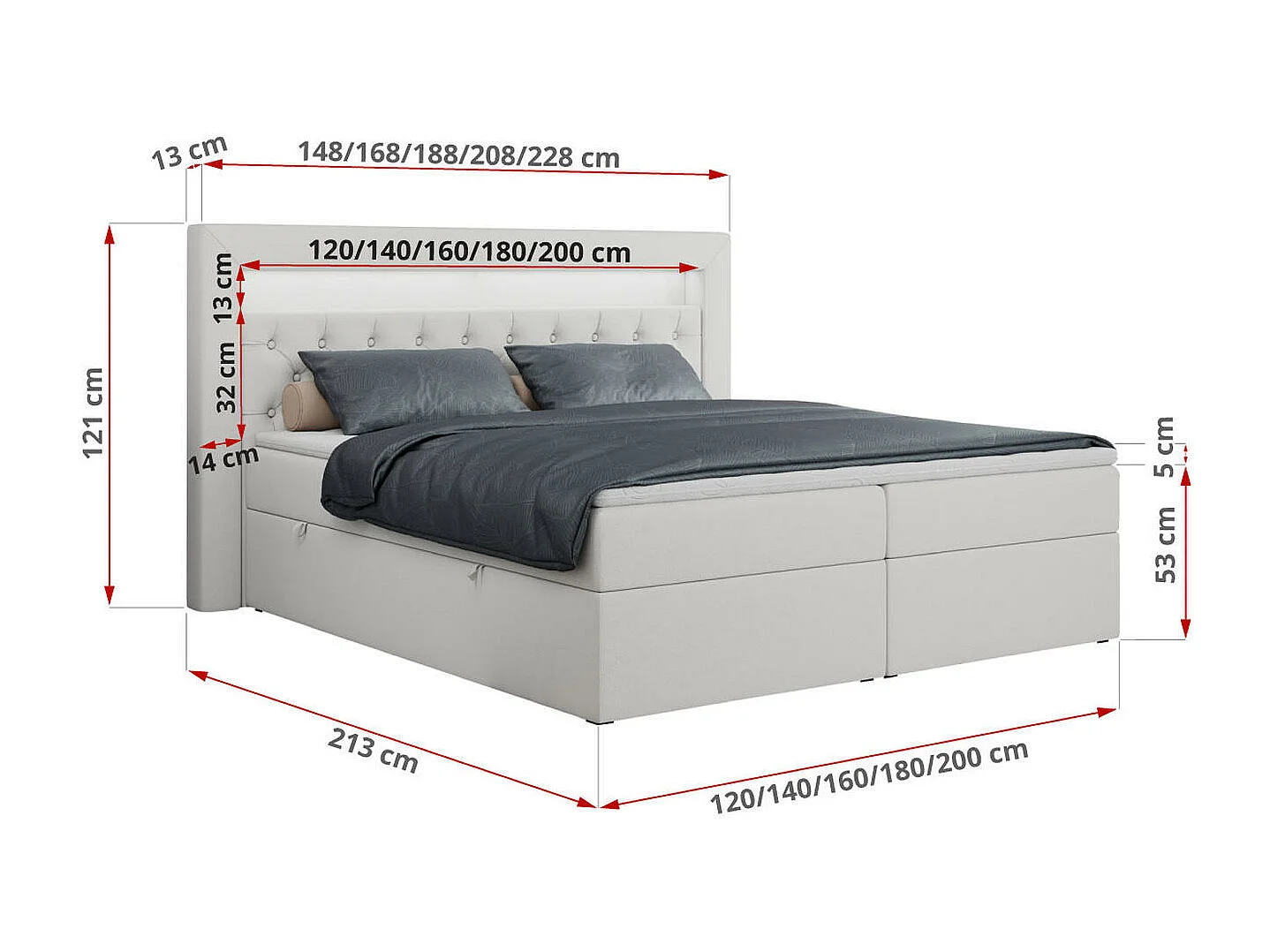 Boxspringbett GOLD 6, Doppelbett mit Stauraum, LED-Beleuchtung, gesteppte Kopfstütze - 120x200 cm - H3 - Weiß Kunstleder