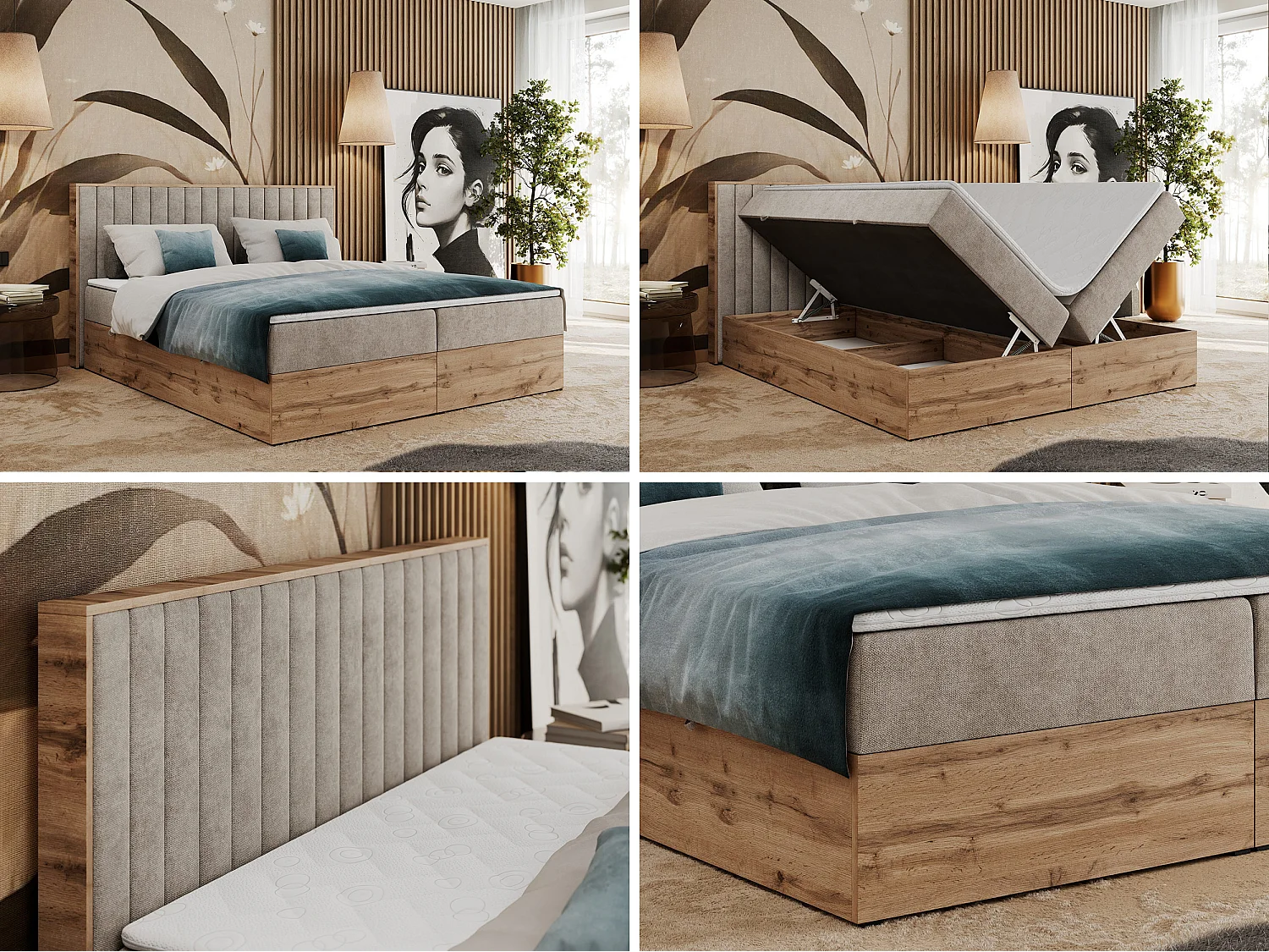 Boxspringbett ALBERO 4, Eiche Wotan Holzrahmen, mit Stauraum, genähtes Kopfteil - 200x200 cm - H4 - Beige Strukture
