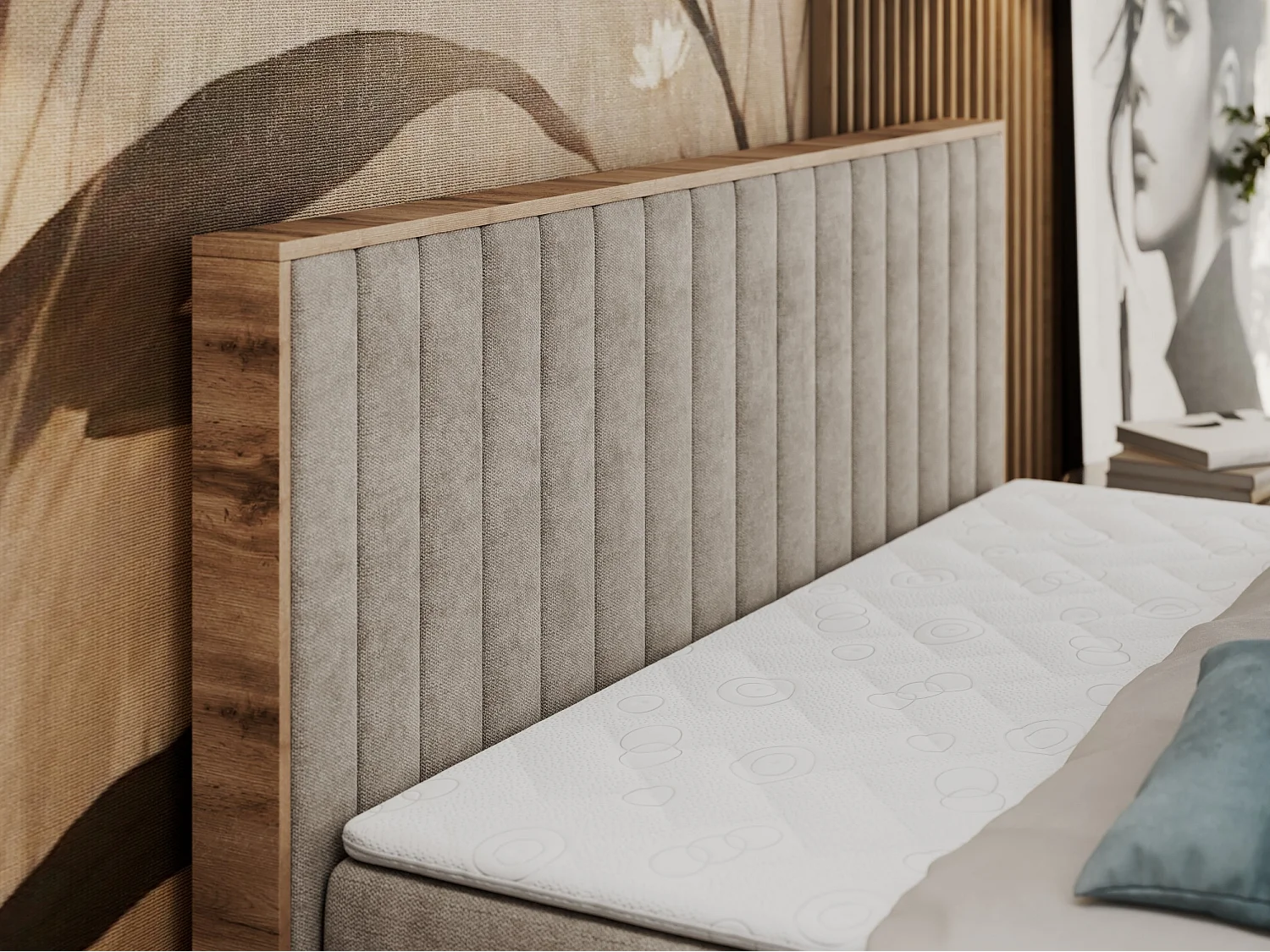 Boxspringbett ALBERO 4, Eiche Wotan Holzrahmen, mit Stauraum, genähtes Kopfteil - 200x200 cm - H4 - Beige Strukture