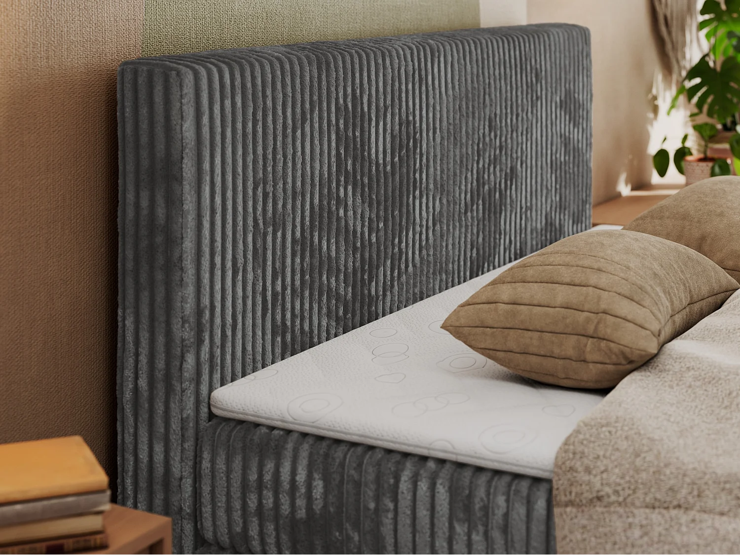 Boxspringbed met hoofdbord H3 + Topper T25 - Grijs Ribstof - 160x200 - TILIANO KING DUO