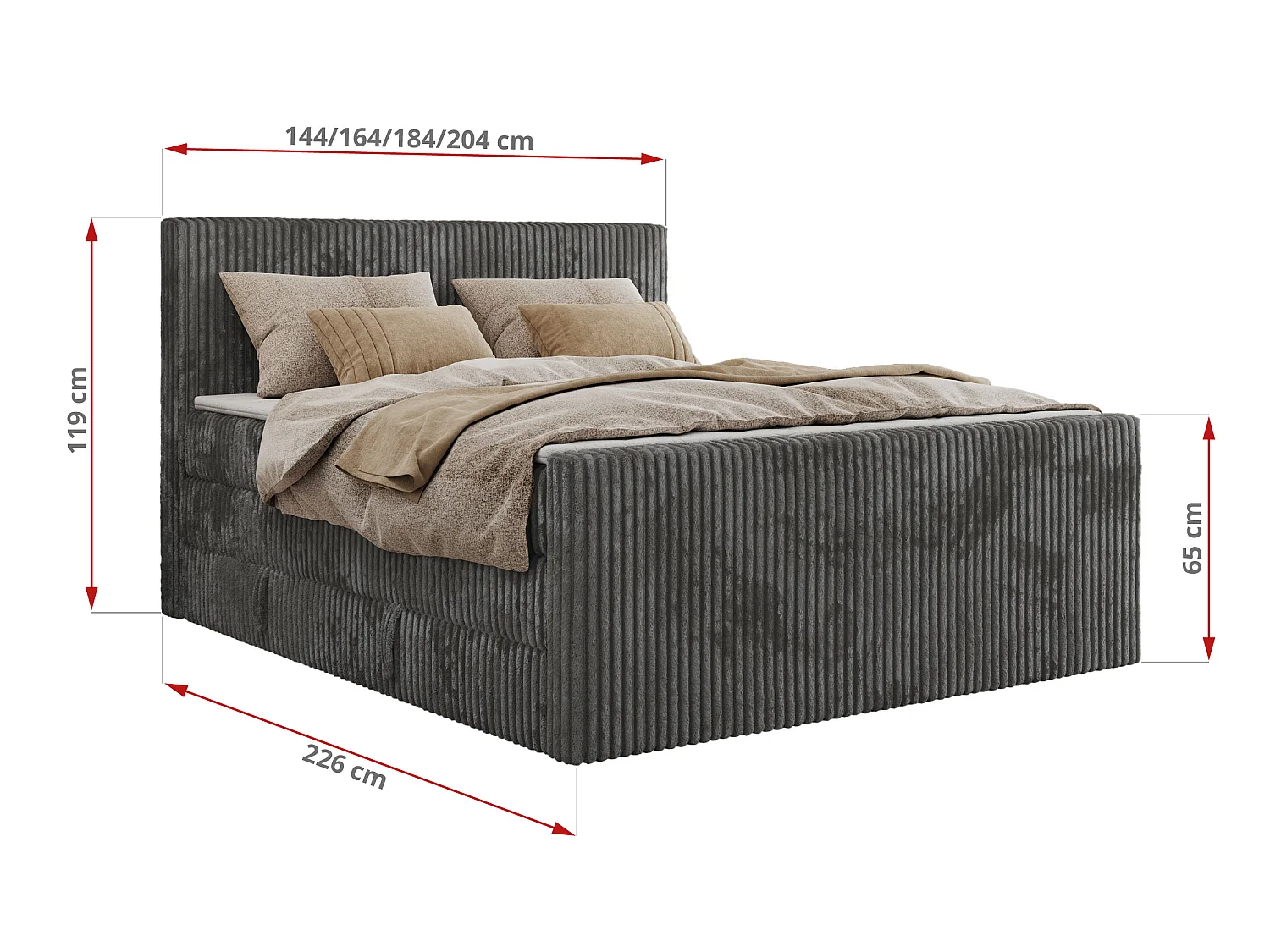 Boxspringbed met hoofdbord H3 + Topper T25 - Grijs Ribstof - 160x200 - TILIANO KING DUO