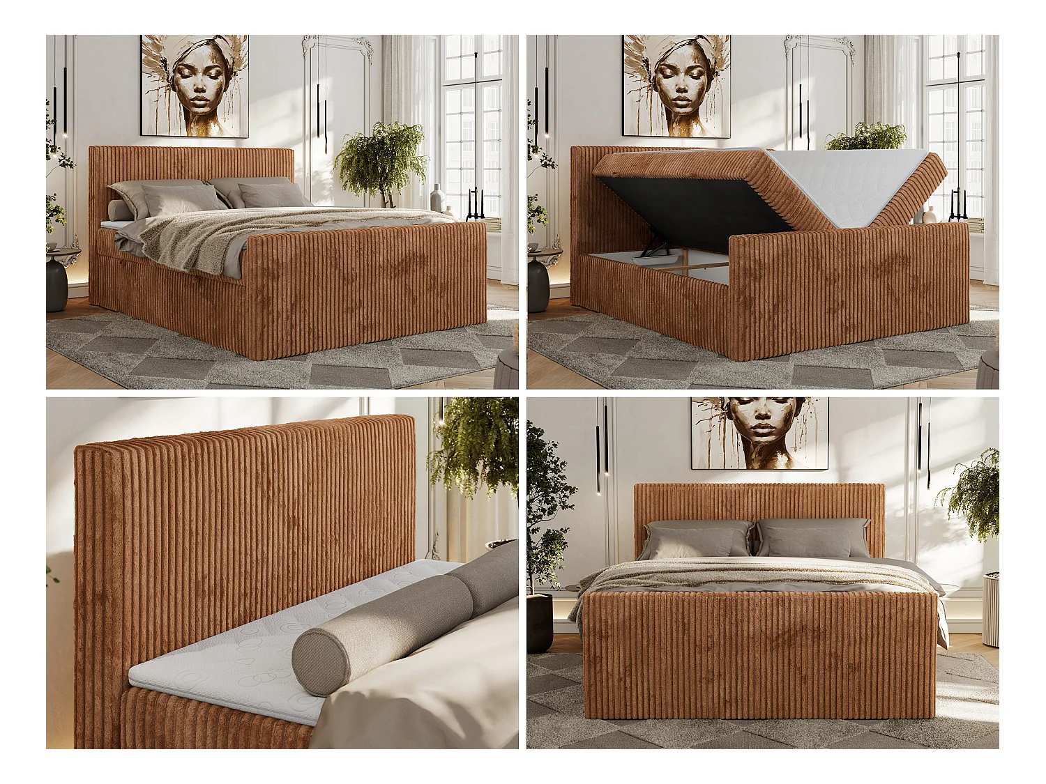 Boxspringbett TILIANO DUO mit gepolstertem Fußteil, Cord Bett, Multipocket-Matratze - 200x200 cm - H4 - Orange Cord