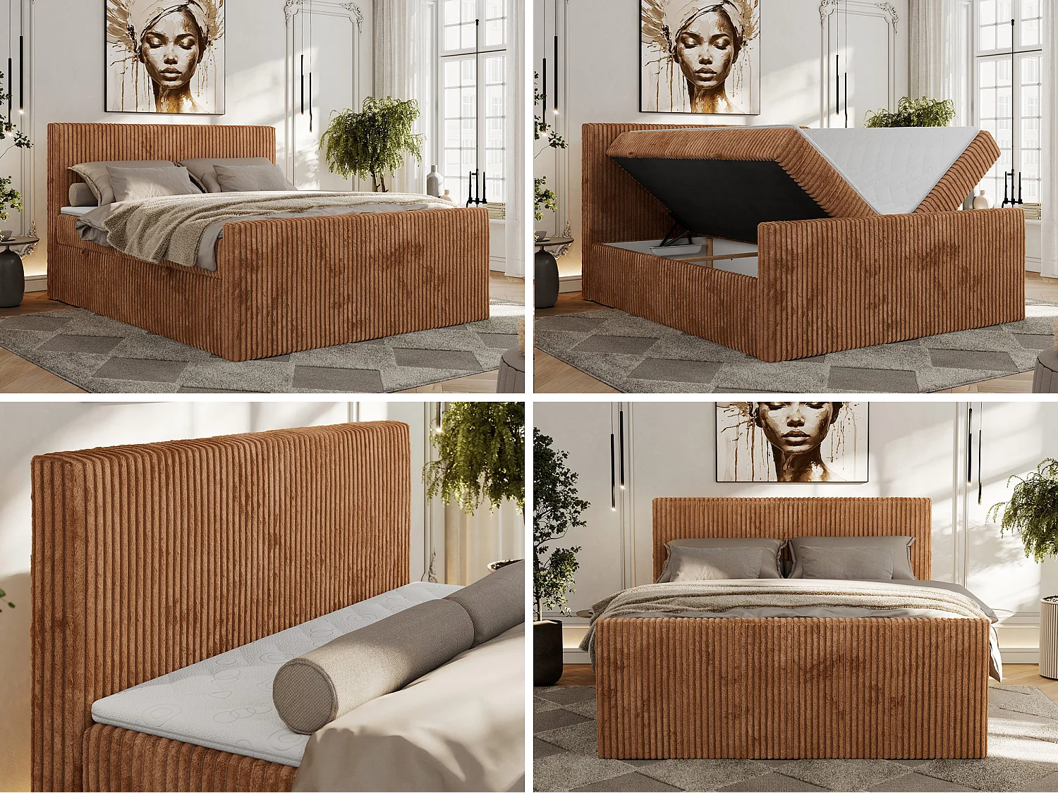 Boxspringbett TILIANO DUO mit gepolstertem Fußteil, Cord Bett, Multipocket-Matratze - 200x200 cm - H4 - Orange Cord