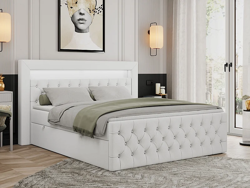 Boxspringbett GOLD 9 mit Stauraum, Multipocket-Matratze, gestepptes Bett, LED Beleuchtung - 160x200 cm - H4 - Weiß Kunstleder