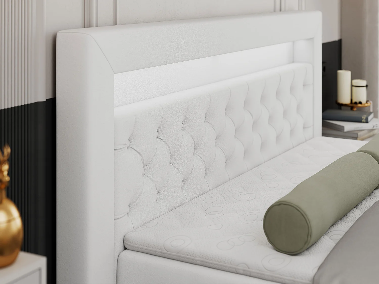 Boxspringbett GOLD 9 mit Stauraum, Multipocket-Matratze, gestepptes Bett, LED Beleuchtung - 160x200 cm - H4 - Weiß Kunstleder