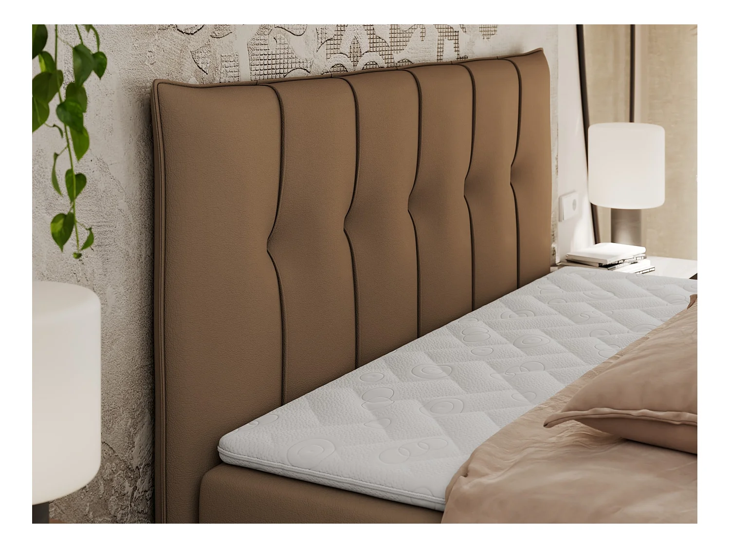 Boxspringbett PREMIUM 10 mit Multipocket-Matratze, gesteppte Kopfstütze, zwei Bettkästen - 180x200 cm - H4 - Braun Kunstleder