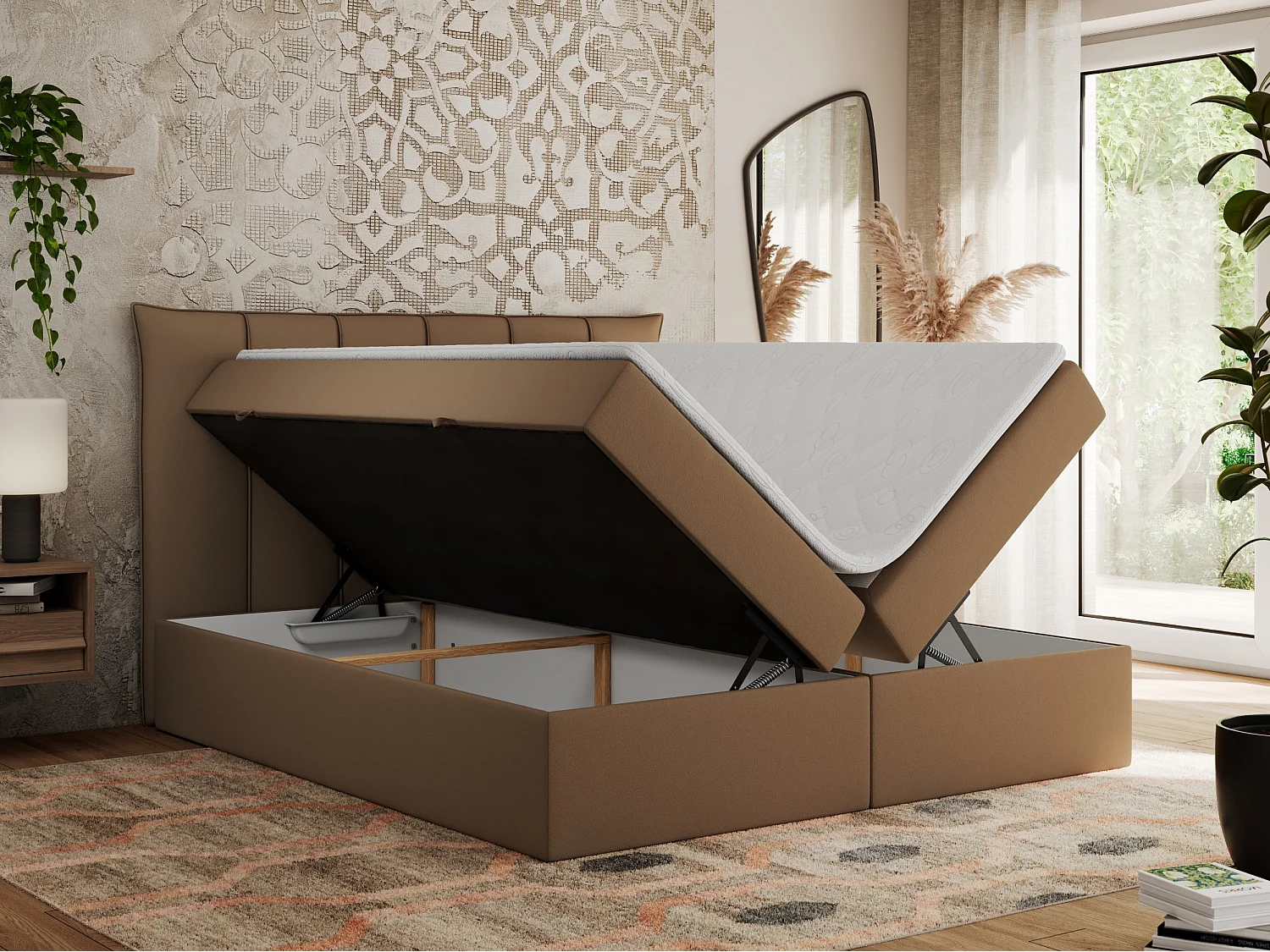 Boxspringbett PREMIUM 10 mit Multipocket-Matratze, gesteppte Kopfstütze, zwei Bettkästen - 180x200 cm - H4 - Braun Kunstleder