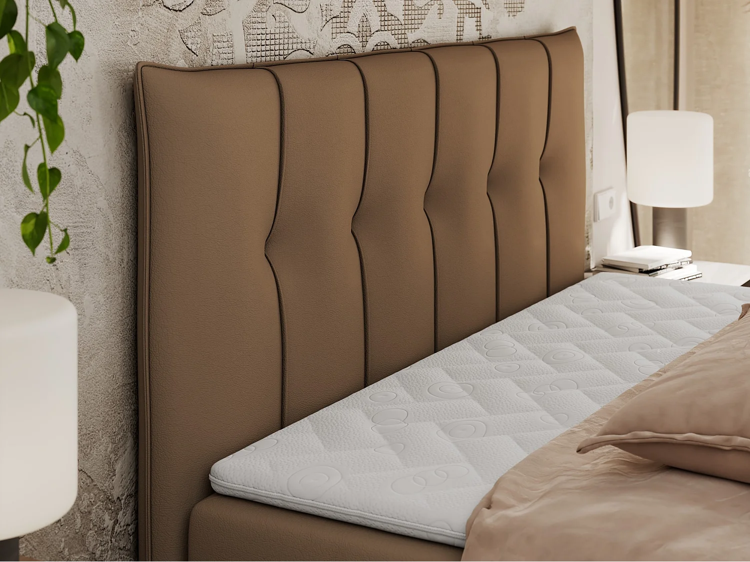 Boxspringbett PREMIUM 10 mit Multipocket-Matratze, gesteppte Kopfstütze, zwei Bettkästen - 180x200 cm - H4 - Braun Kunstleder