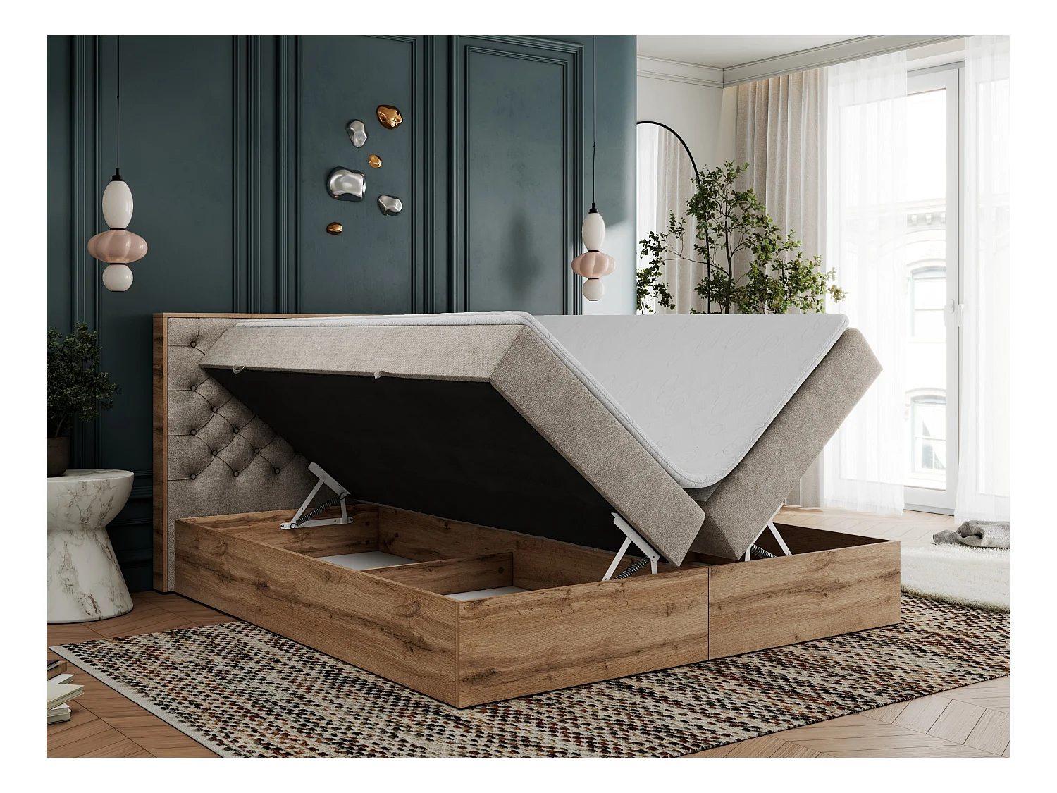 Boxspringbett ALBERO 3 - gesteppte Kopfstütze, Eiche Wotan Holzrahmen, Stauraum - 120x200 cm - H4 - Beige Strukture