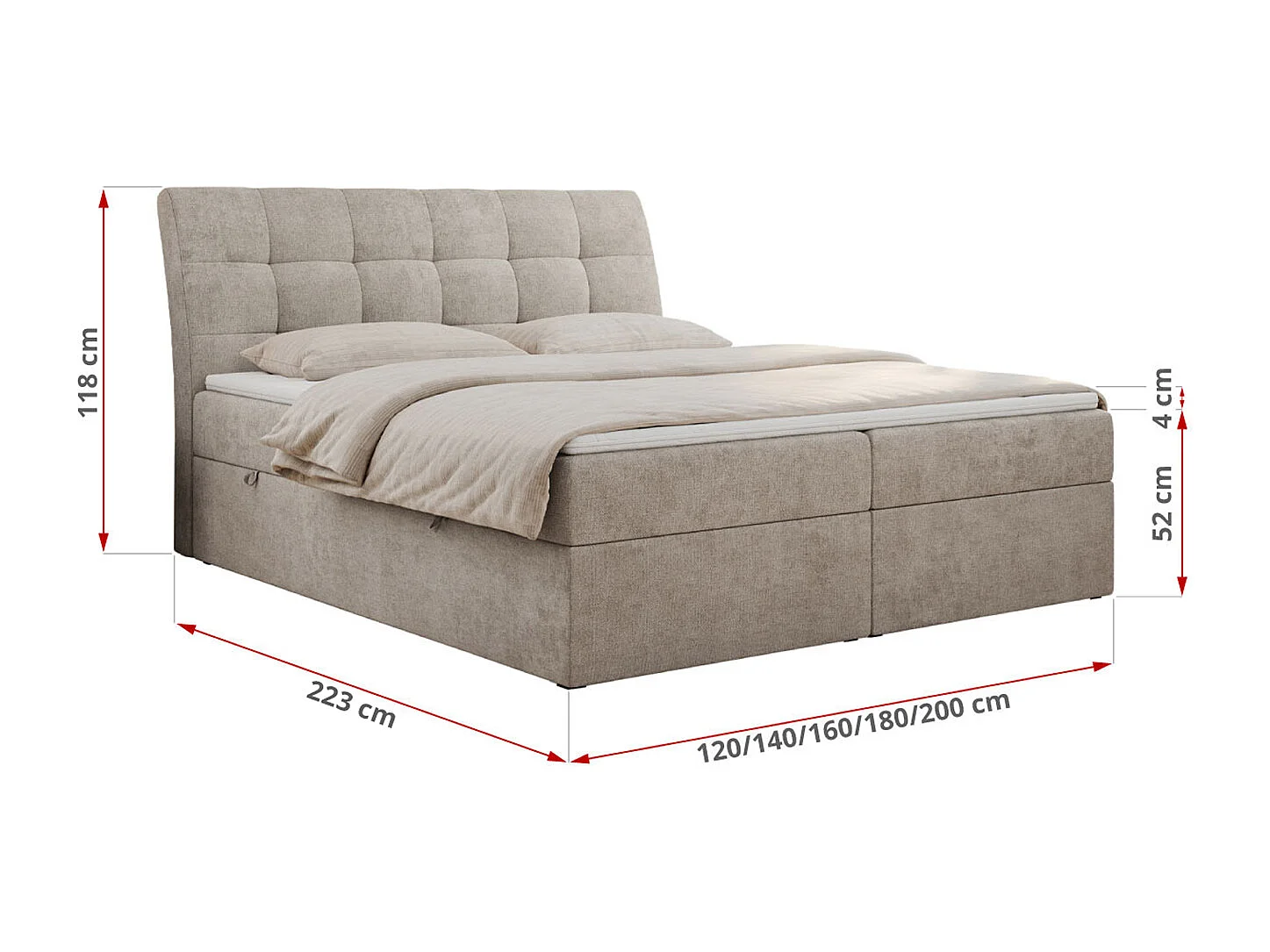 Boxspringbett DIEGOS mit Stauraum, gestepptem Kopfteil, Multipocket-Matratze - 180x200 cm - H3 - Beige Strukture